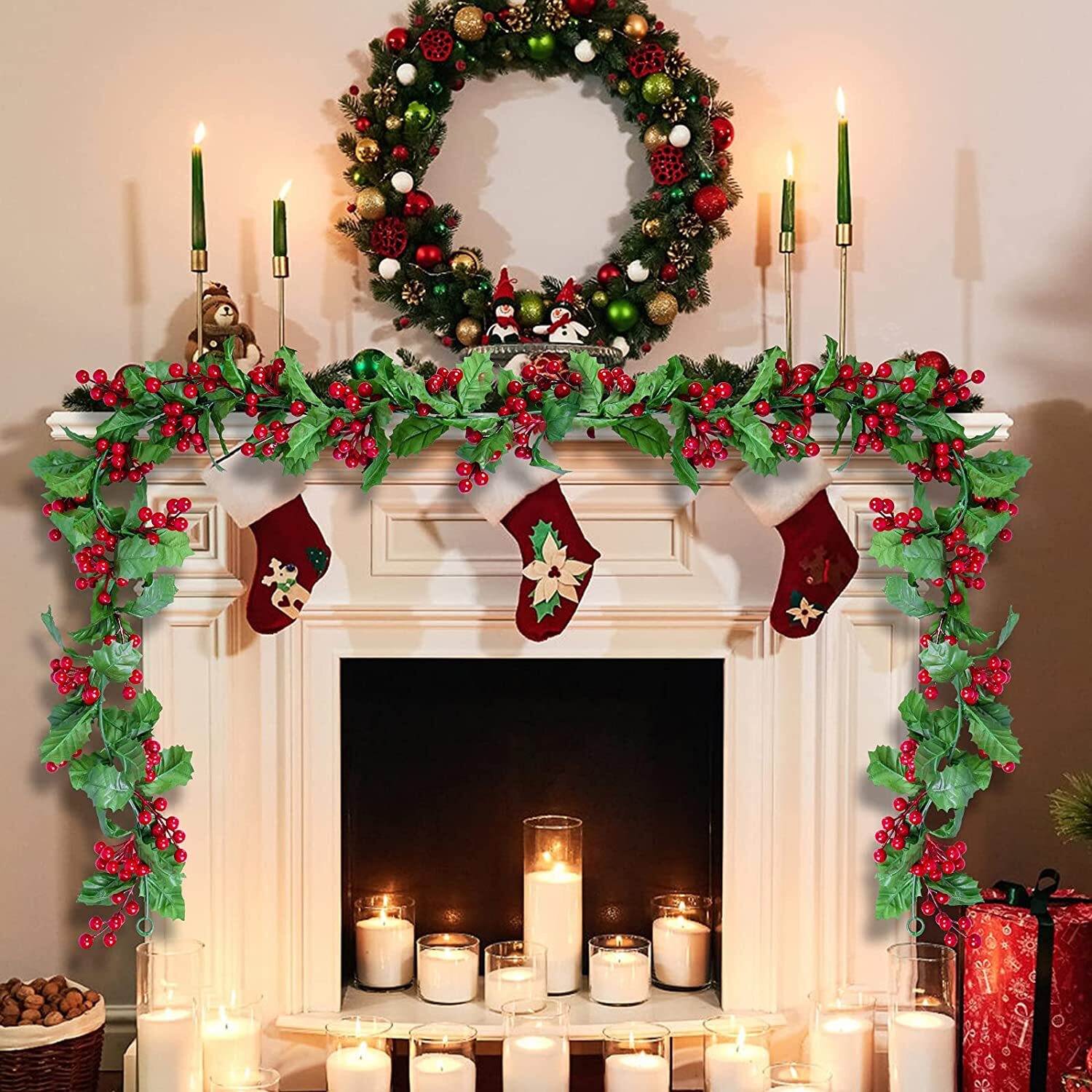 5.75Ft Christmas Red Berry Green Garland Vine Winter Holly Leaves Xmas Decor USA