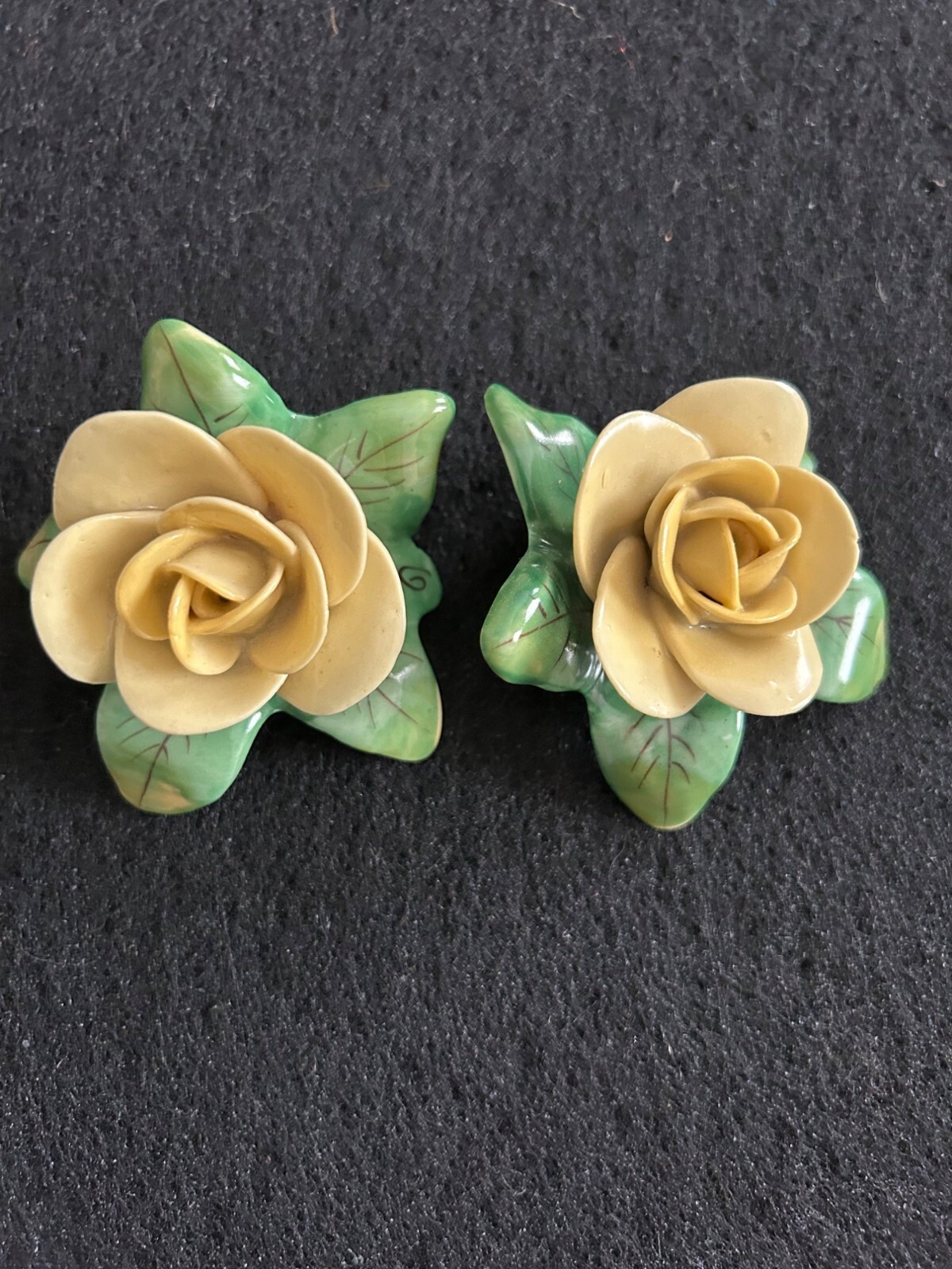 Porcelain Rose & Leaf Decor Cream & Green Hand Painted Floral Design Collectible