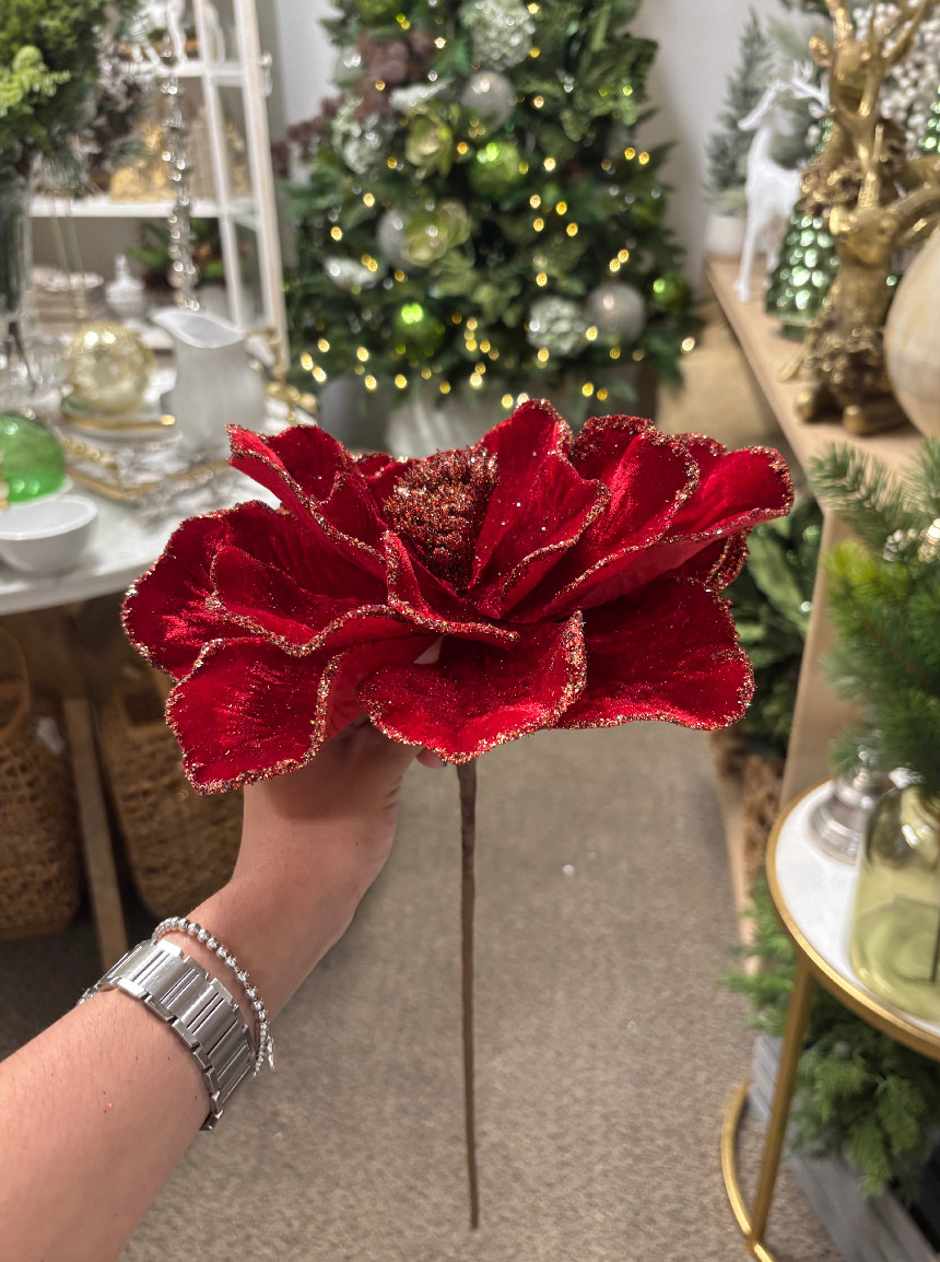 Red Magnolia Stem with Gold Glitter