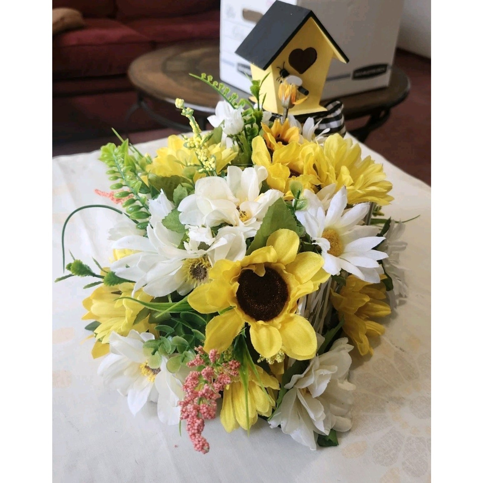 Bee Bird House Artificial Floral Arrangement Centerpiece Sunflowers Handmade