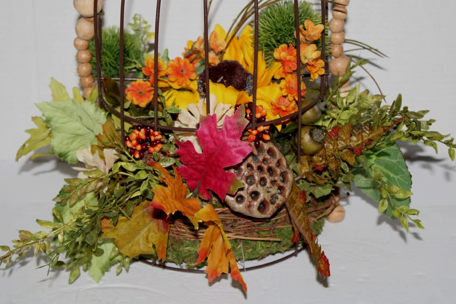 FALL AUTUMN FLOWER ARRANGEMENT BIRD CAGE CENTERPIECE 15”