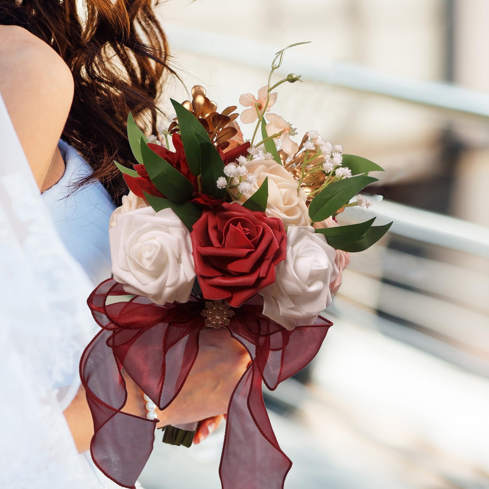 Burgundy White Silk Ribbon Artificial Toss Rose Wedding Bridesmaid Bouquet