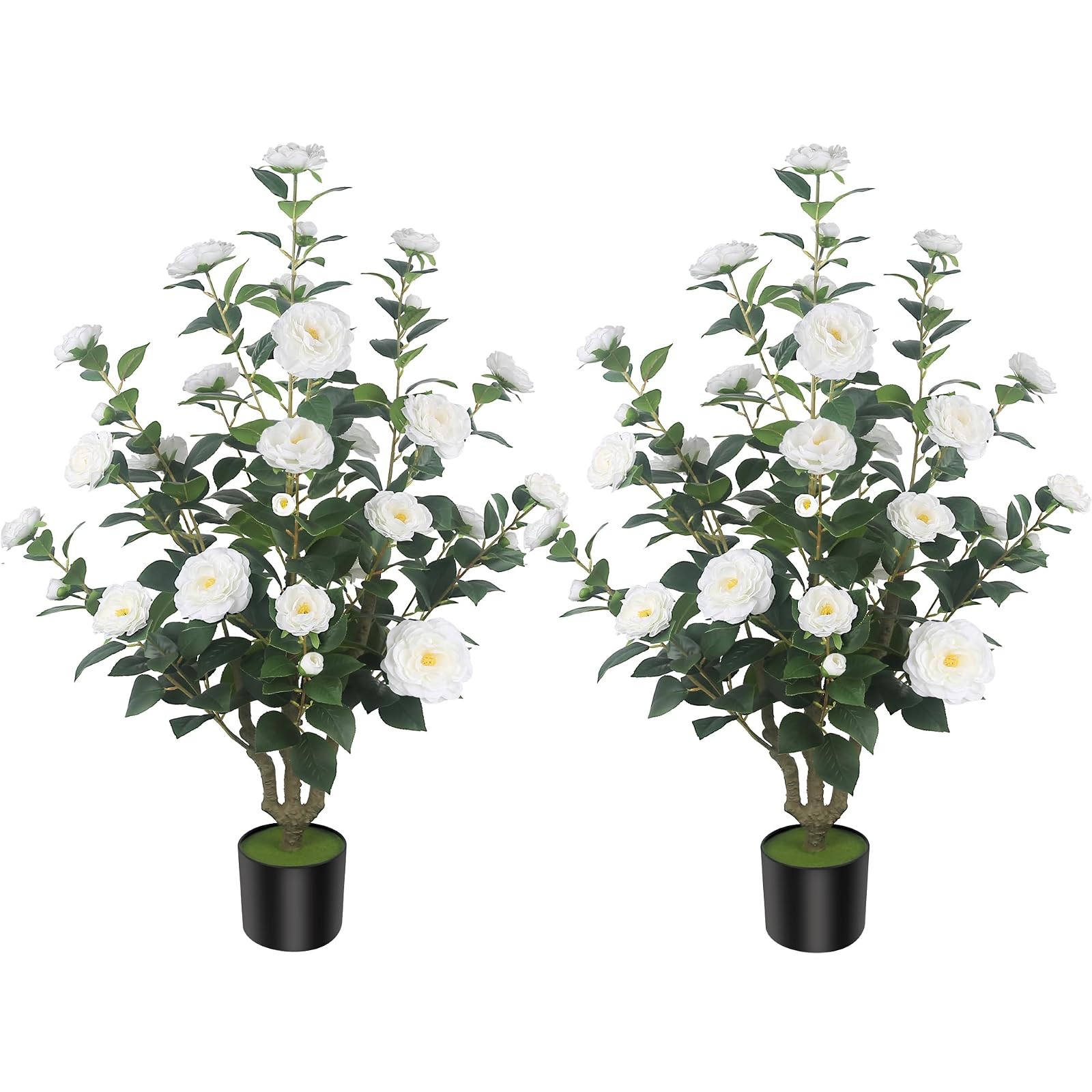 2Pack 39.37in Artificial Camellia Trees Cement Pots White