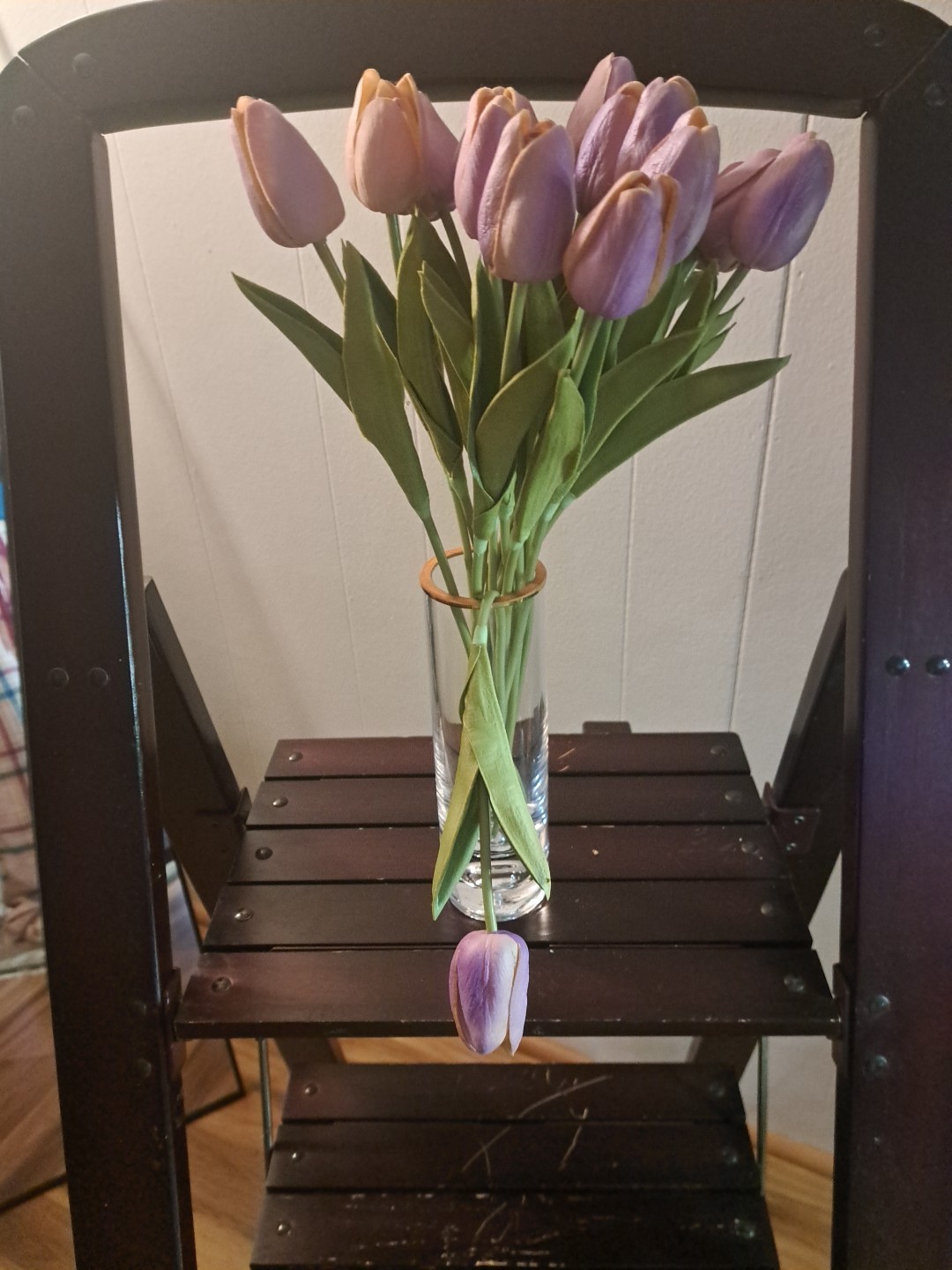 18 Artificial Purple Silk Tulips & Floral Gold Rim Illusion Vase 8″ H X 2.5 W