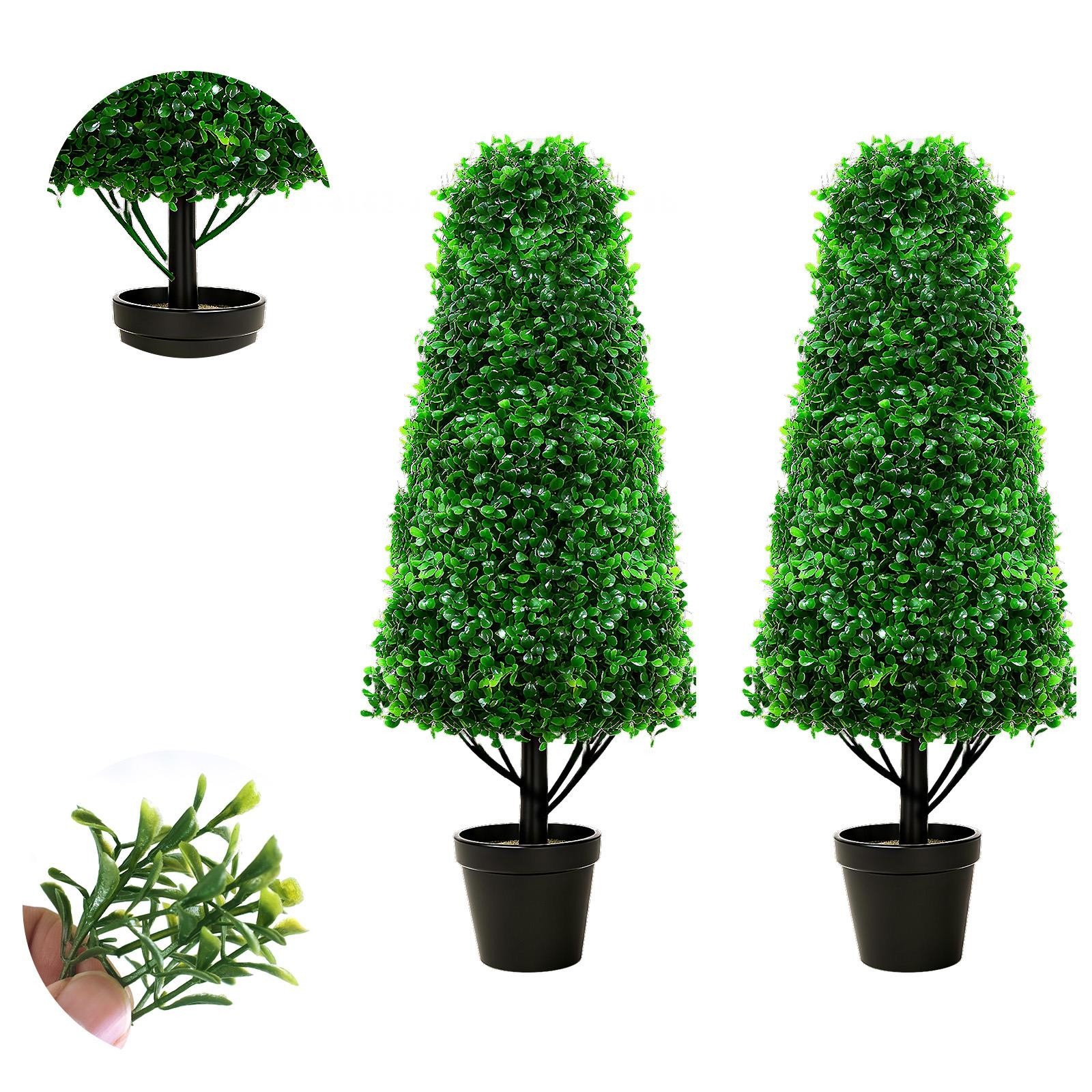 3′ Artificial Boxwood Cone Topiary Tree 2 PackFaux Tree with Replaceable Leaves