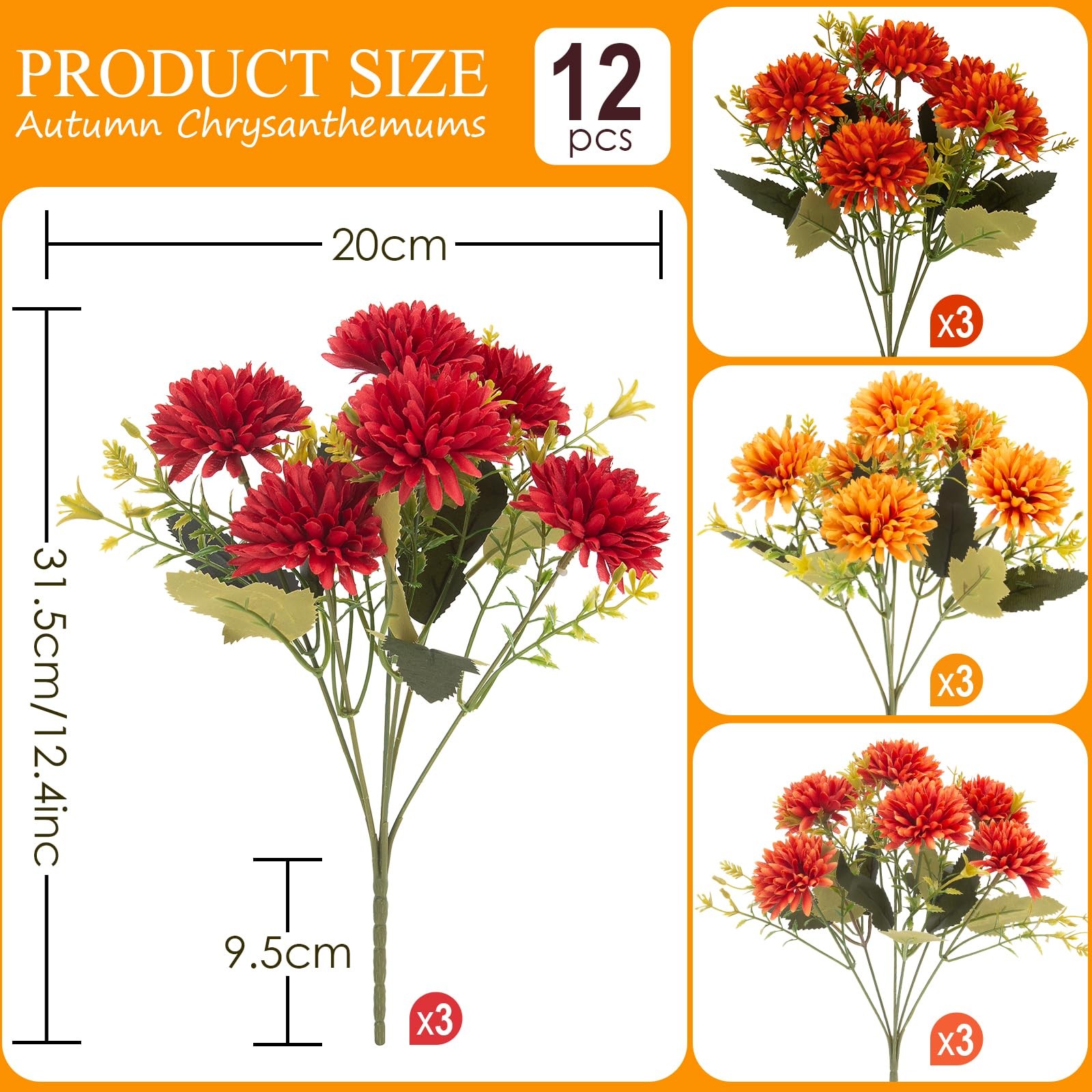 12 Pcs Artificial Fall Flowers for Outdoors, UV Resistant Fake Mums Chrysanth…