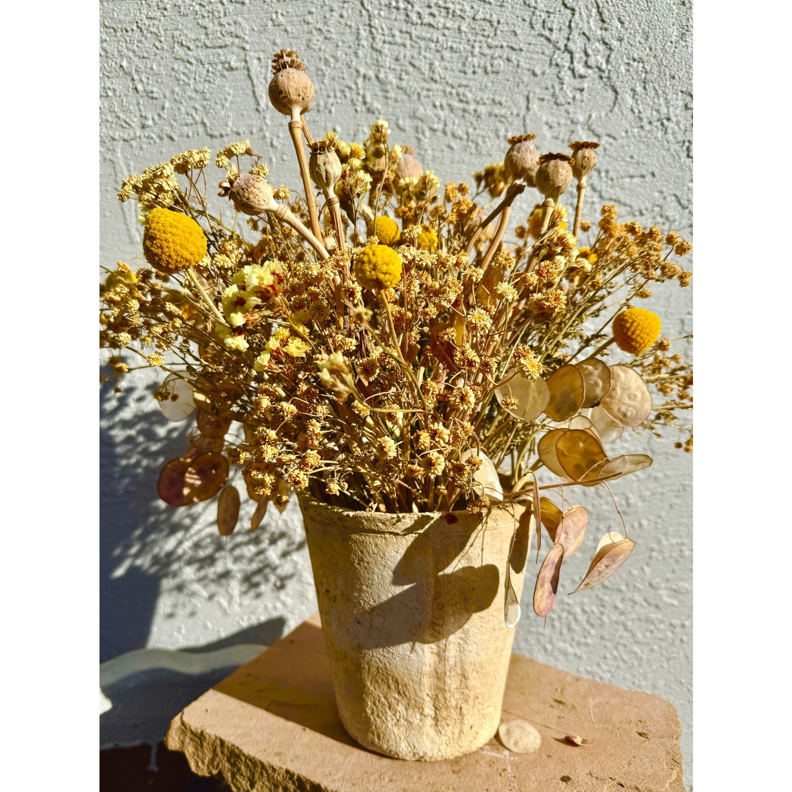 Dried Seed Pod Bouquet 16” Yellow Billy Buttons Boho Wedding Centerpiece Natural