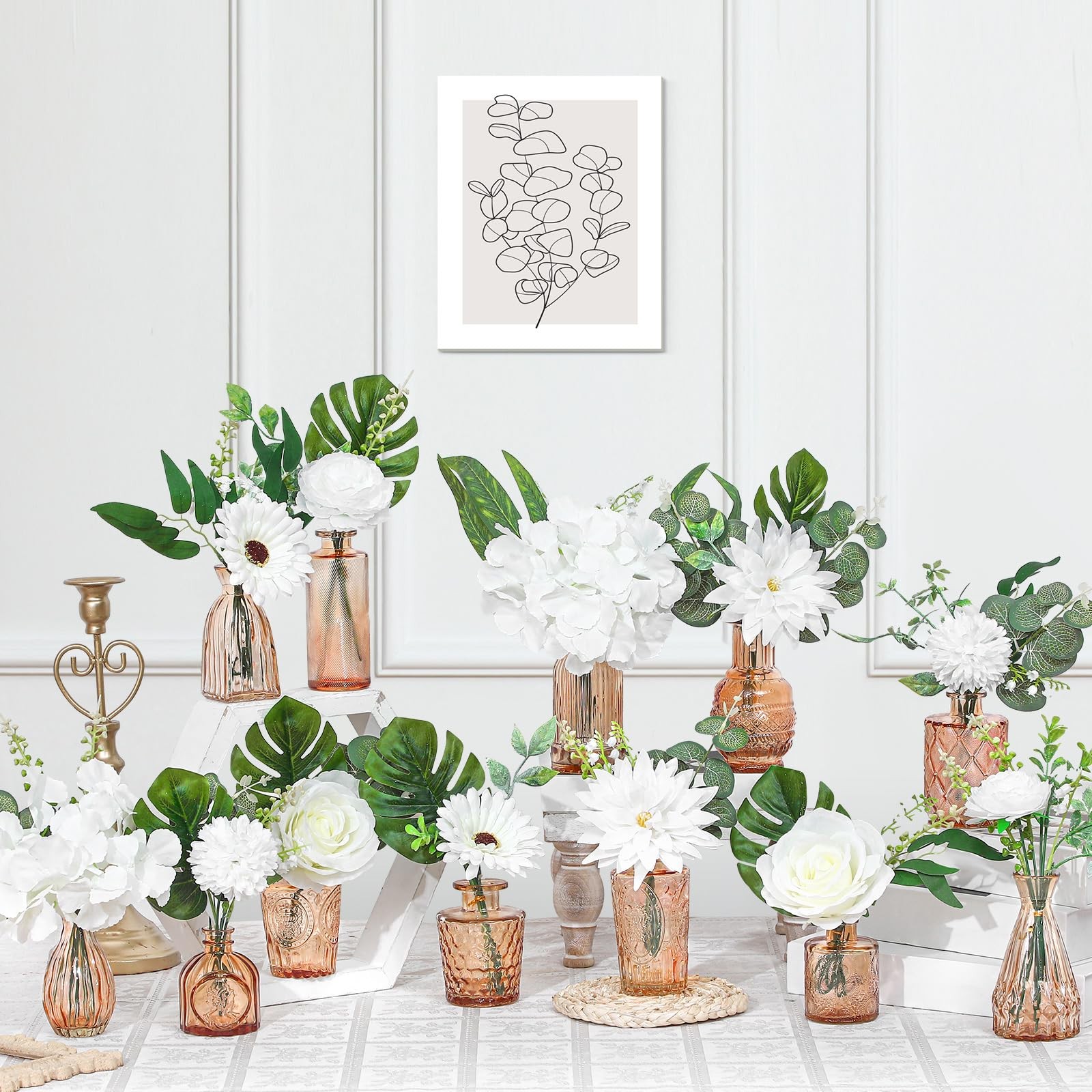 FoldTier 108 Pcs Artificial Flowers in Vase 96 Pcs Faux Greenery Stem Table C…