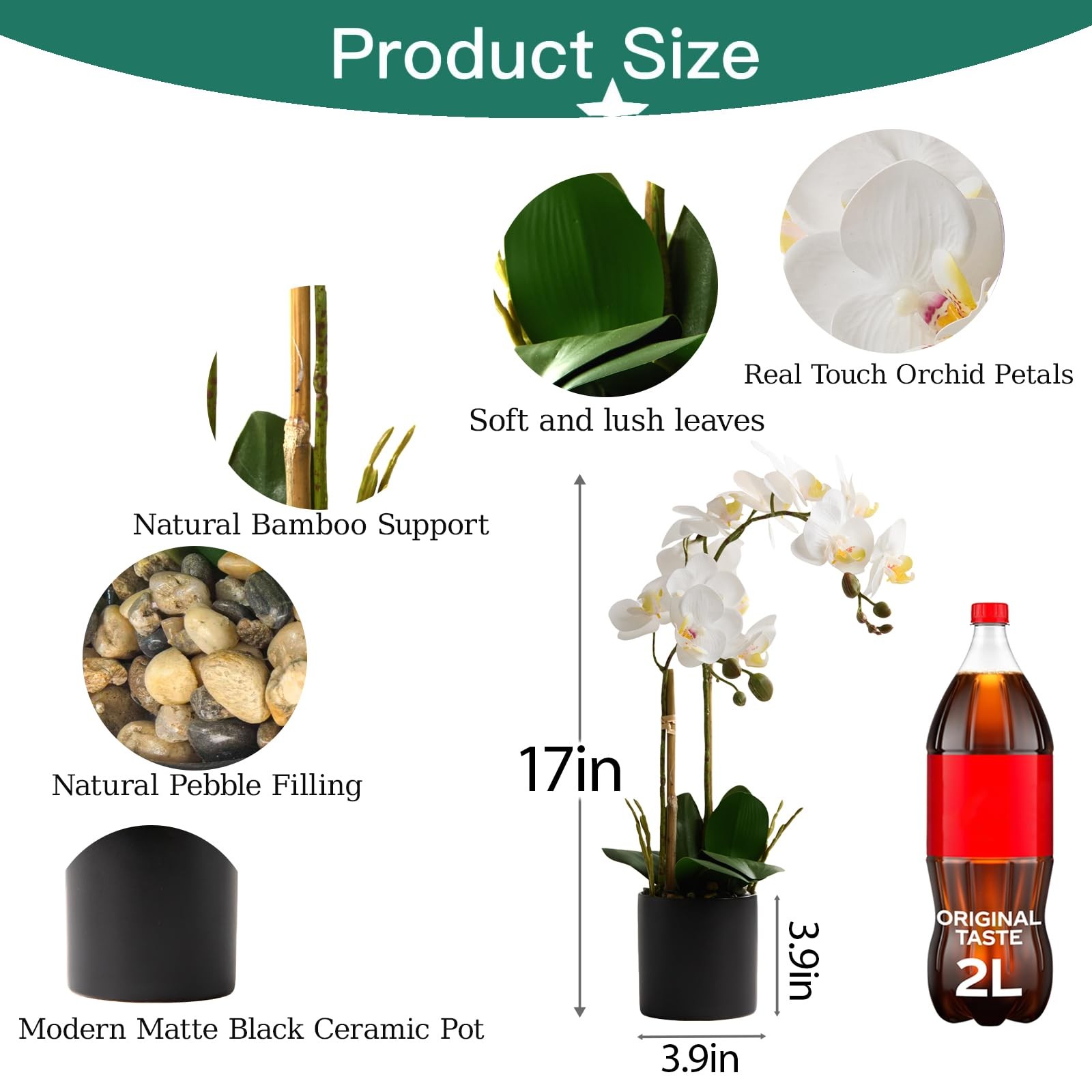 17″ Artificial White Phalaenopsis Orchid in Modern Black Ceramic Pot – Realis…