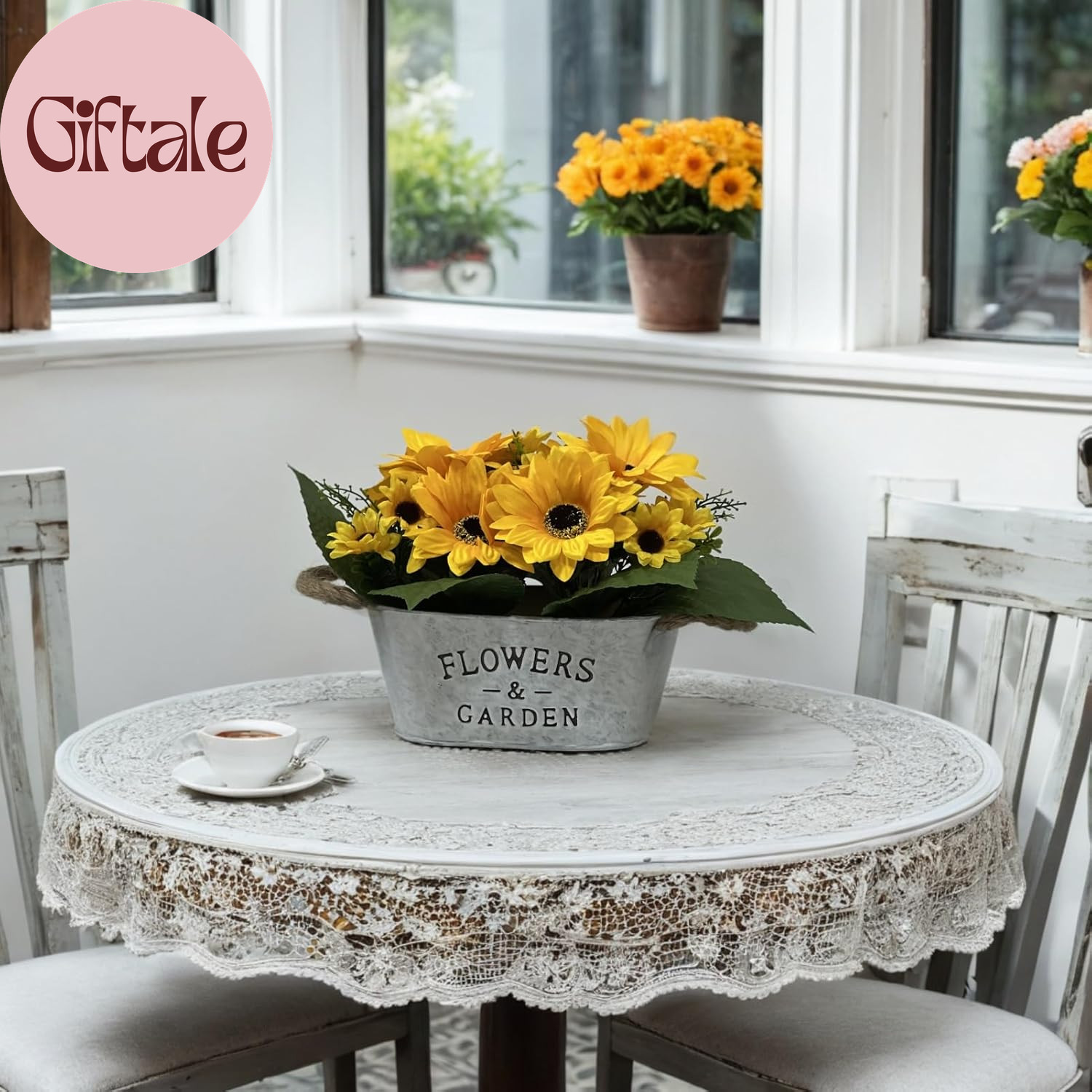 Artificial Flowers in Pot 8″ Tall Faux Silk Sunflowers with Metal Planter, Fake