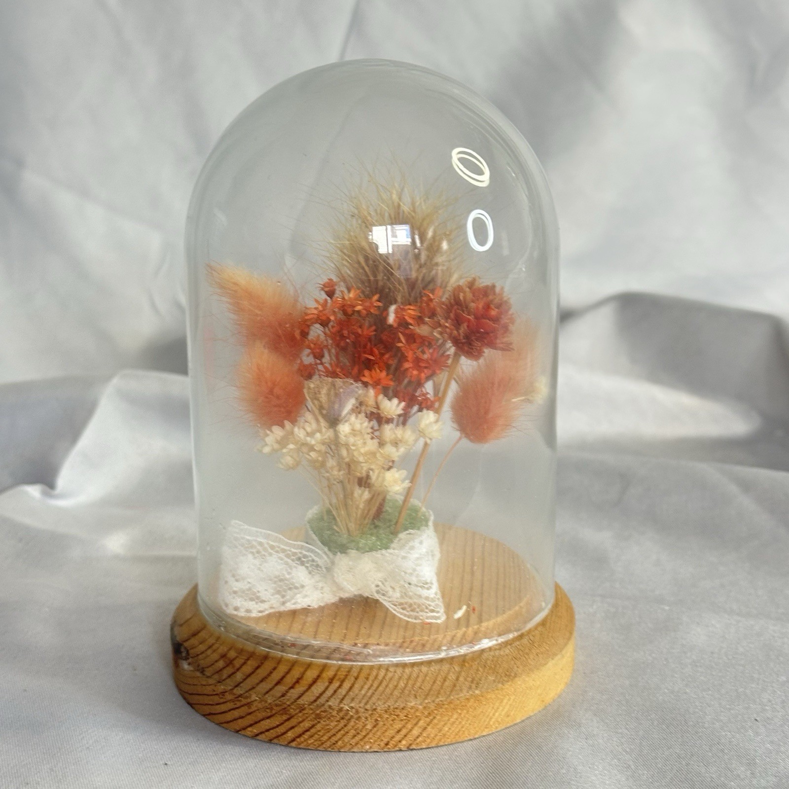 Vtg Decor Floral Glass Cloche Dome Dried Flowers Bunny Tails Terrarium 5”