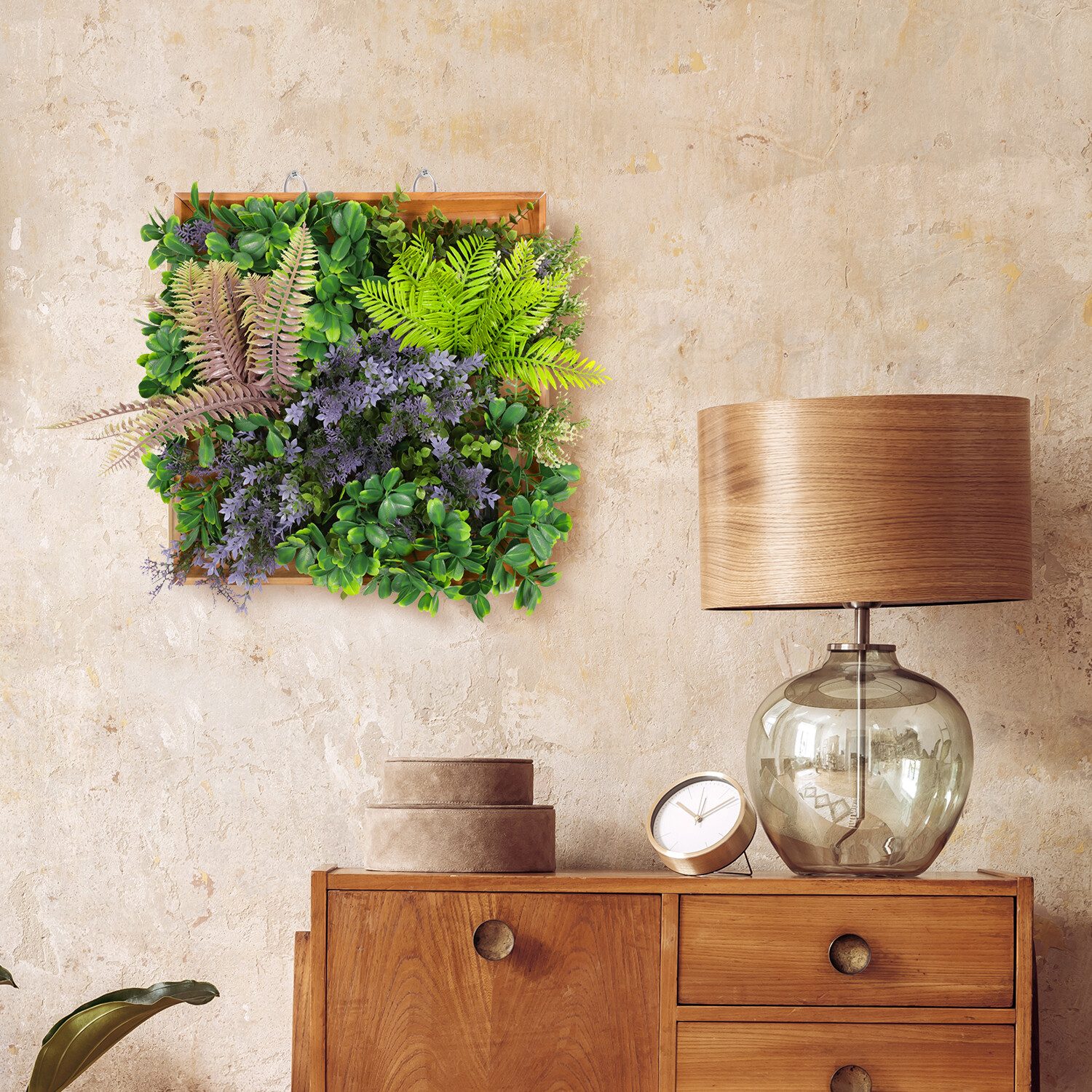 Artificial Plants Green Wall Decor with Square Wooden Frame 13in, Purple