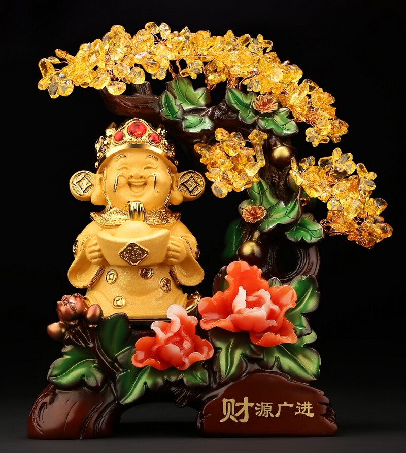 9″ Yellow Crystal Chinese Money Tree Wealth God Bonsai Statue Feng Shui Decor