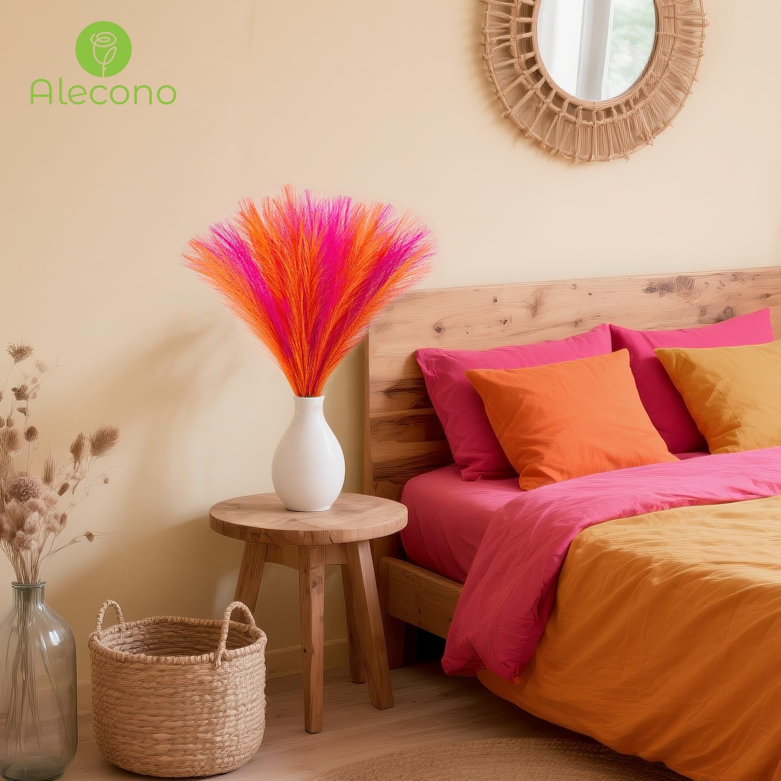 Pampas Grass 17in 𝟯𝟬𝙋𝙘𝙨, Orange and Hot Pink Artificial Faux Fluffy Pamp…