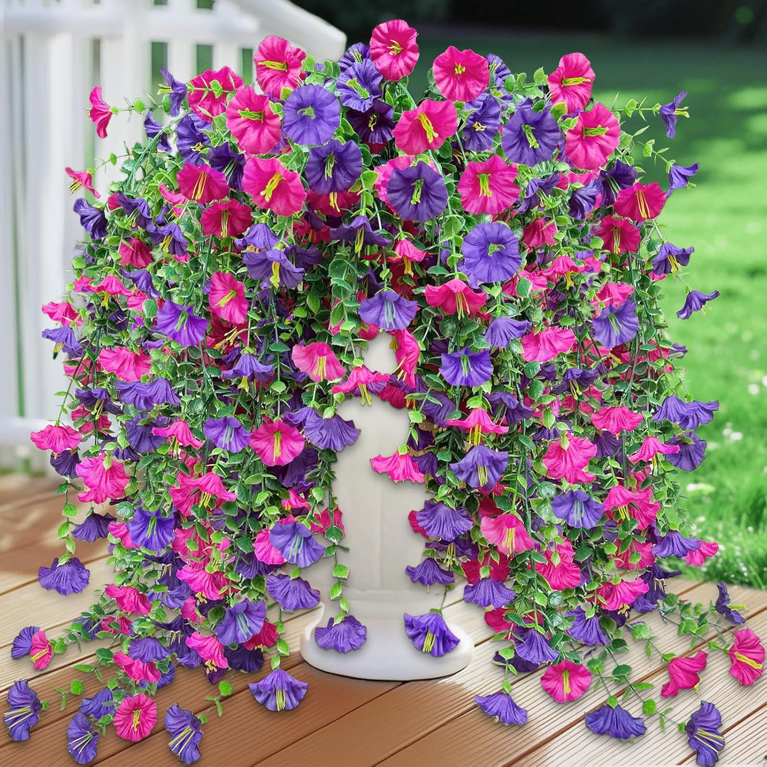 4PCS UV Resistant Faux Hanging Petunias & Eucalyptus for Outdoor Decor