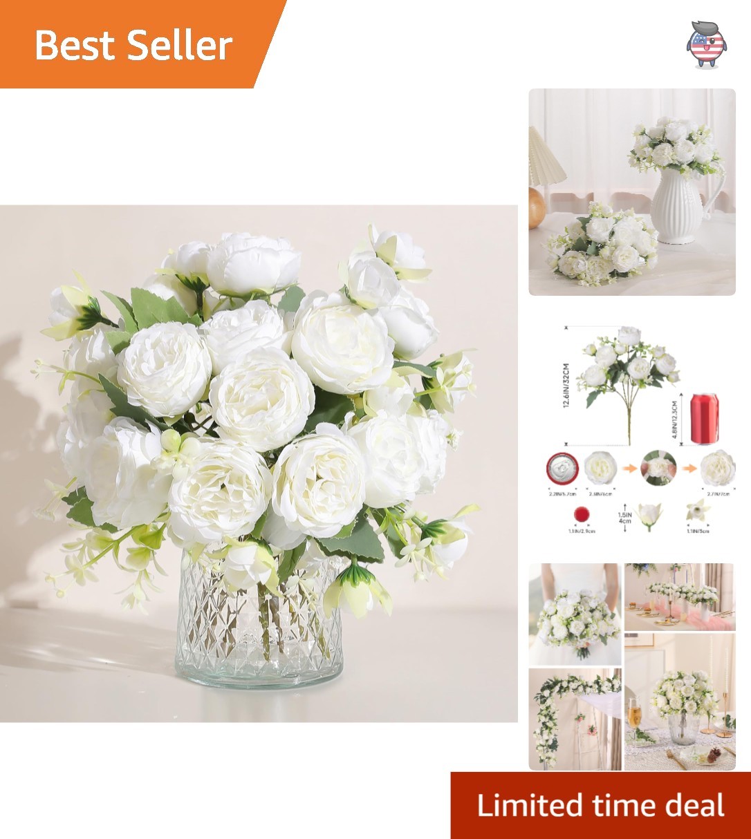 2 Packs Vintage Silk Peony Bouquet for Elegant Vase Arrangements – White