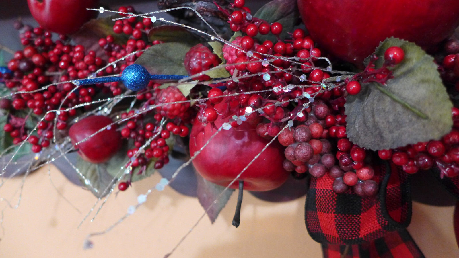 XL Swag Floral Red Apples Wall Decor Grapevine Fruit Blue Bling Fall Autumn Hang
