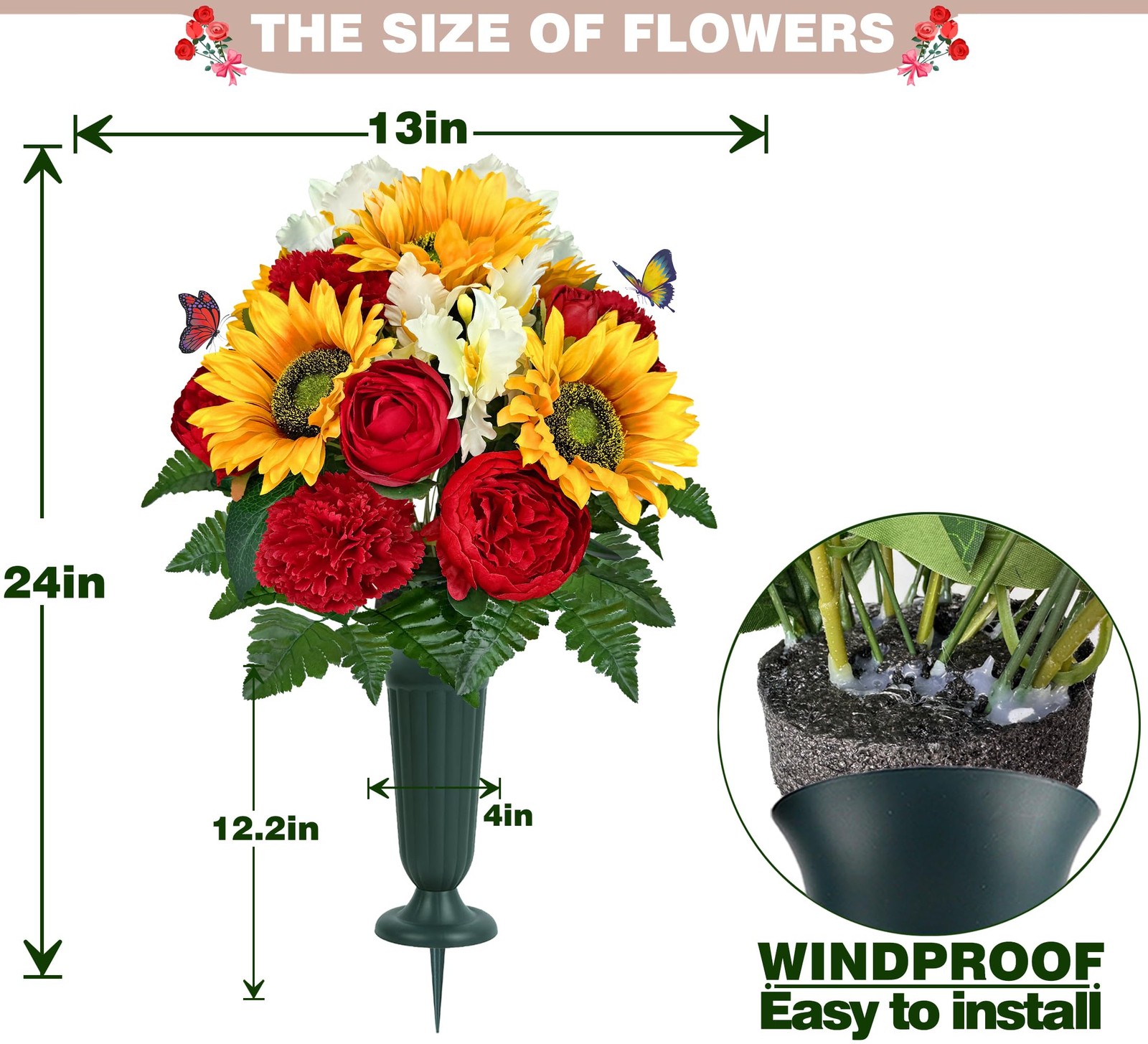 Cemetery Flowers With Vase Bright Sunflower Peony Camellia Red Orange 1 PCS