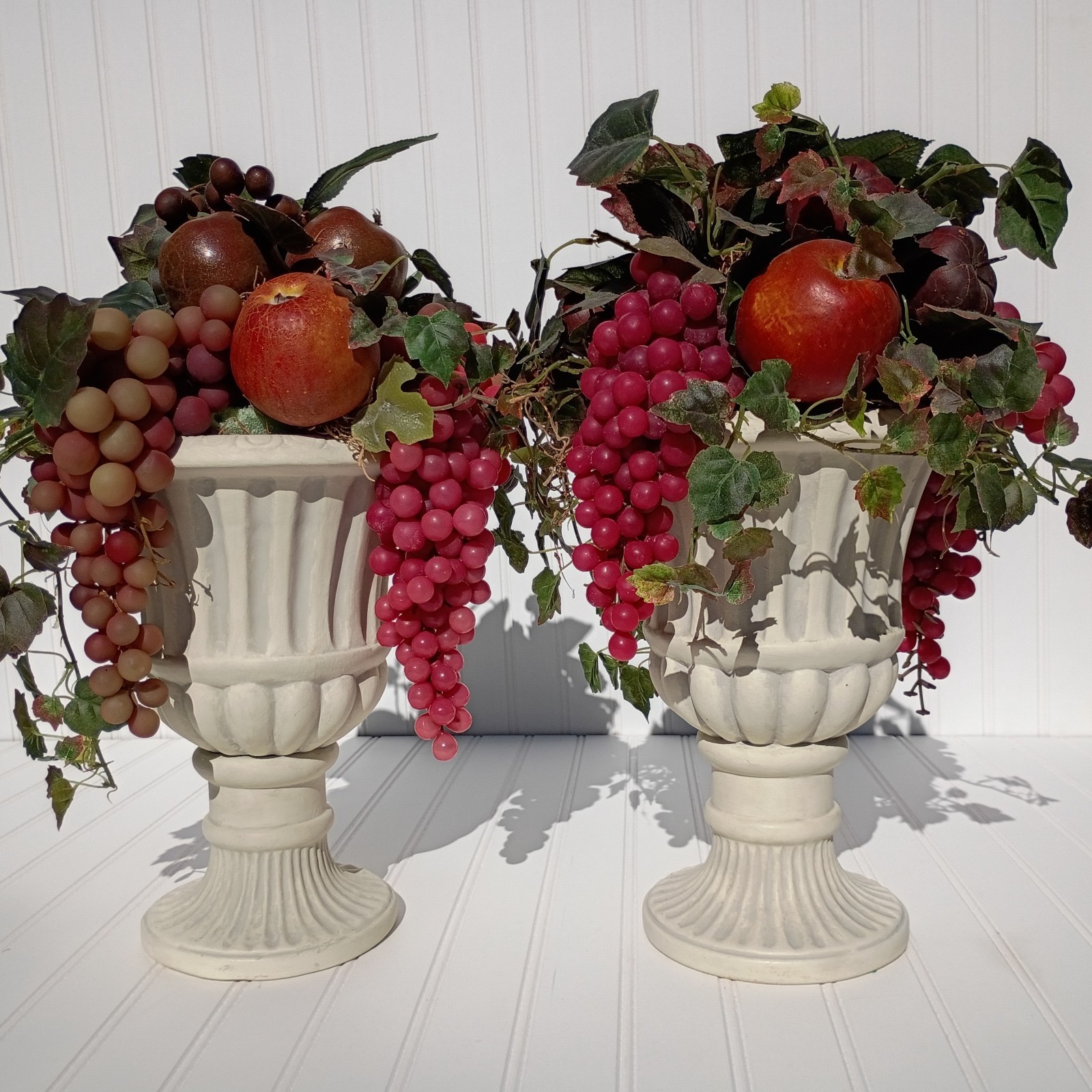 Vintage MCM Ceramic Urn Planters Neo Classical Regency Grapes Arrangements PAIR