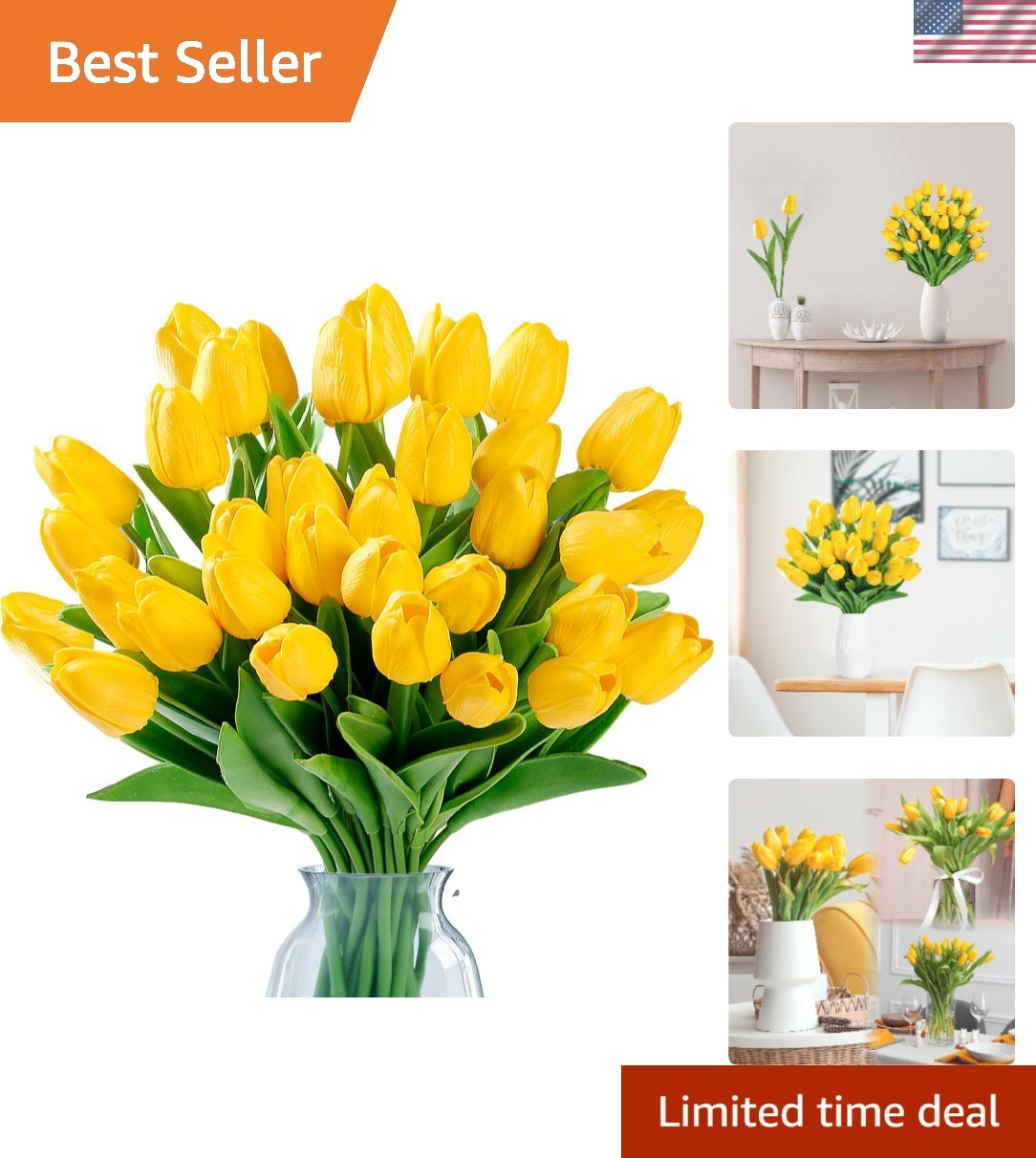 30 PCS Gold Yellow Tulips Artificial Bouquet Real Touch Faux Flowers Decor