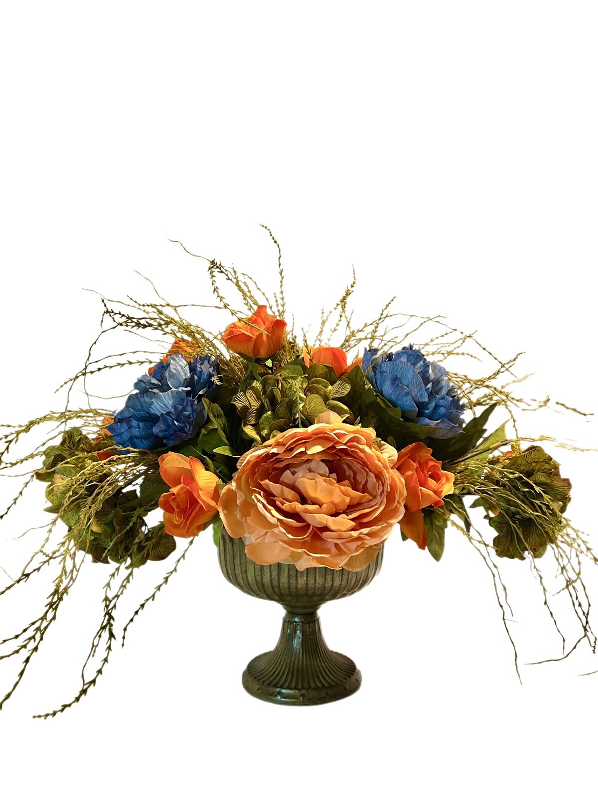 Floral arrangement Blue Orange Olive 22” Peony Rose Hydrangea Modern Centerpiece
