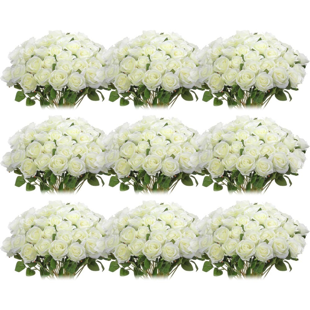 100 Long Stem Artificial Silk Roses Bouquet Bulk White Realistic Fake Flowers