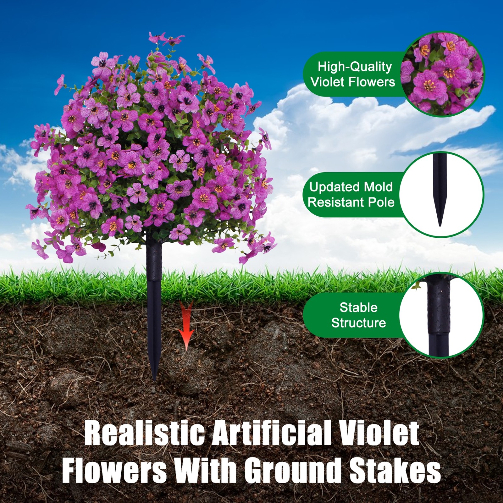 2PC Artificial Violet Flowers w/Ground Spike Fake Plants Garden Patio Yard Decor
