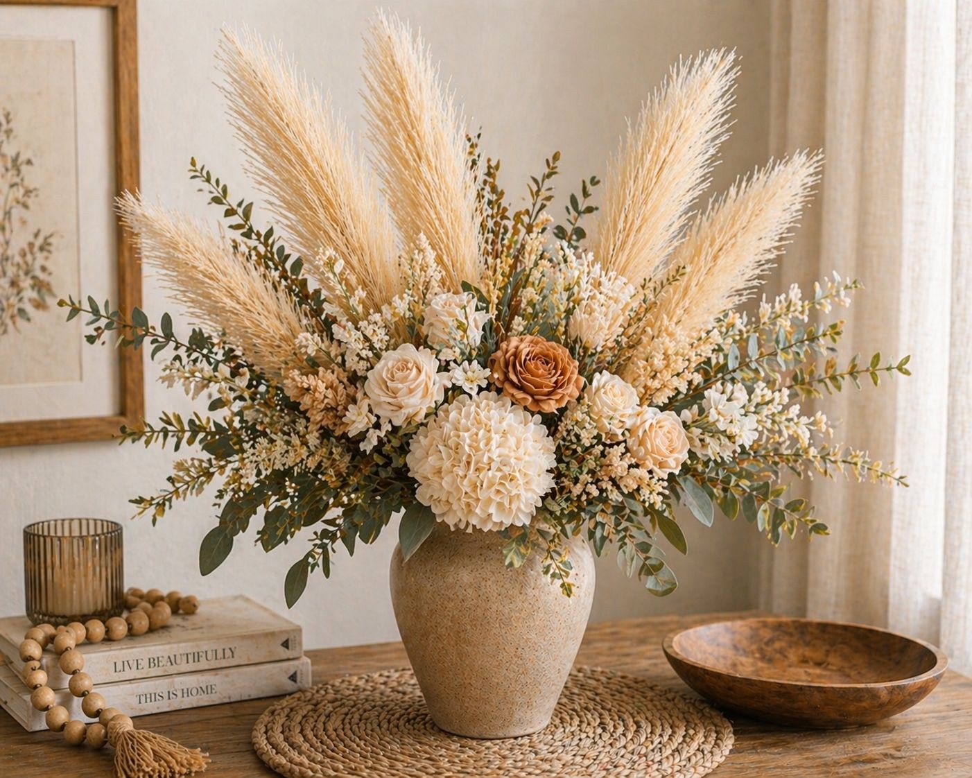 Wheat Beige Pampas Grass 3 Stem Faux Pampas Golden Beige Boho Decor Neutral Vase