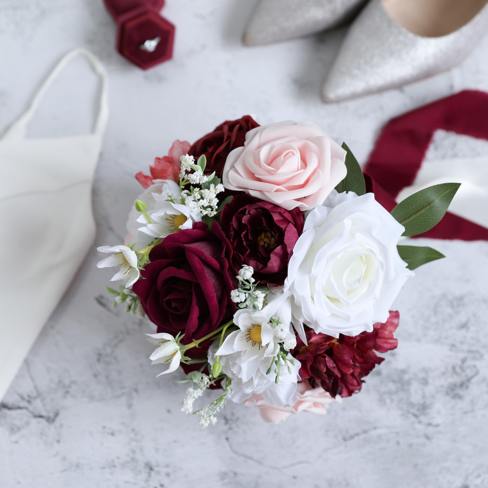 Burgundy, Blush Wedding Bouquet, Bride, Bridesmaid, Artificial Prom Flowers