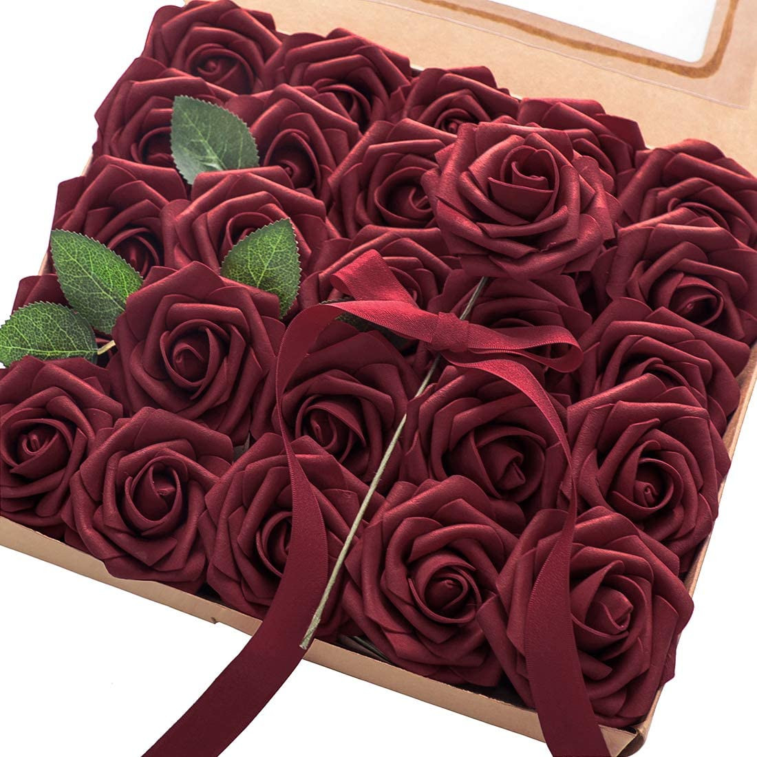 Artificial Flowers 25Pcs Real Looking Burgundy Foam Fake Roses with Stems for DI