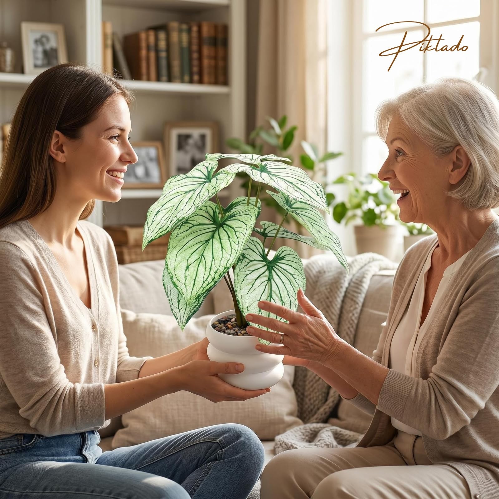 Faux Caladium Bicolor Plants in White Pot, 15.7″ Tall Fake Alocasia Potted Se…