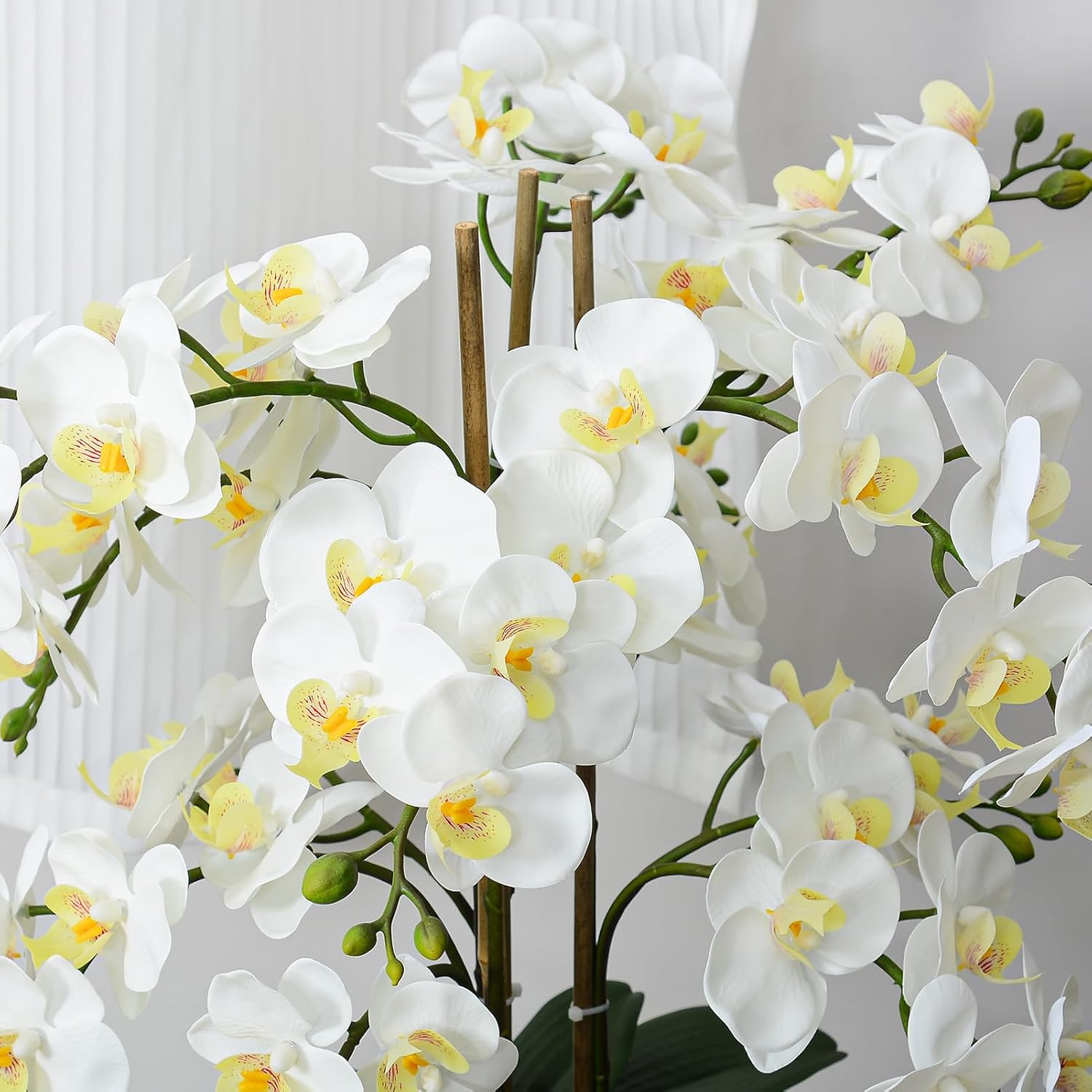 Realistic White Orchid Arrangement in Ceramic Pot for Home Decor
