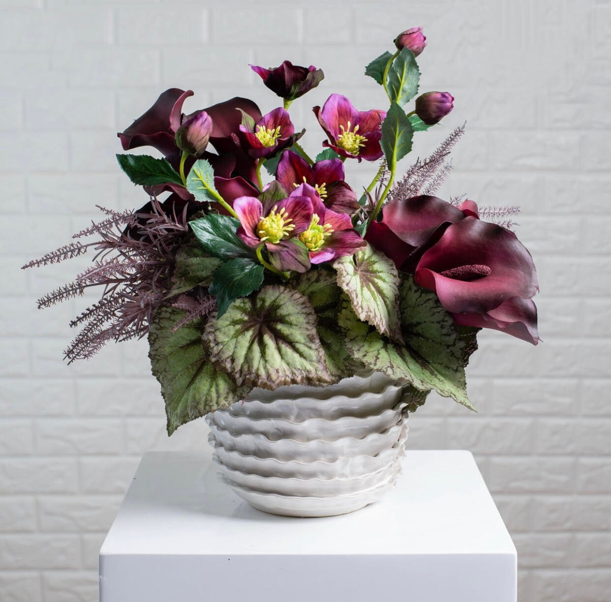Purple Wild Hellebores, Calla Lily & Begonia Leaf Arrangement – FREE SHIPPING!