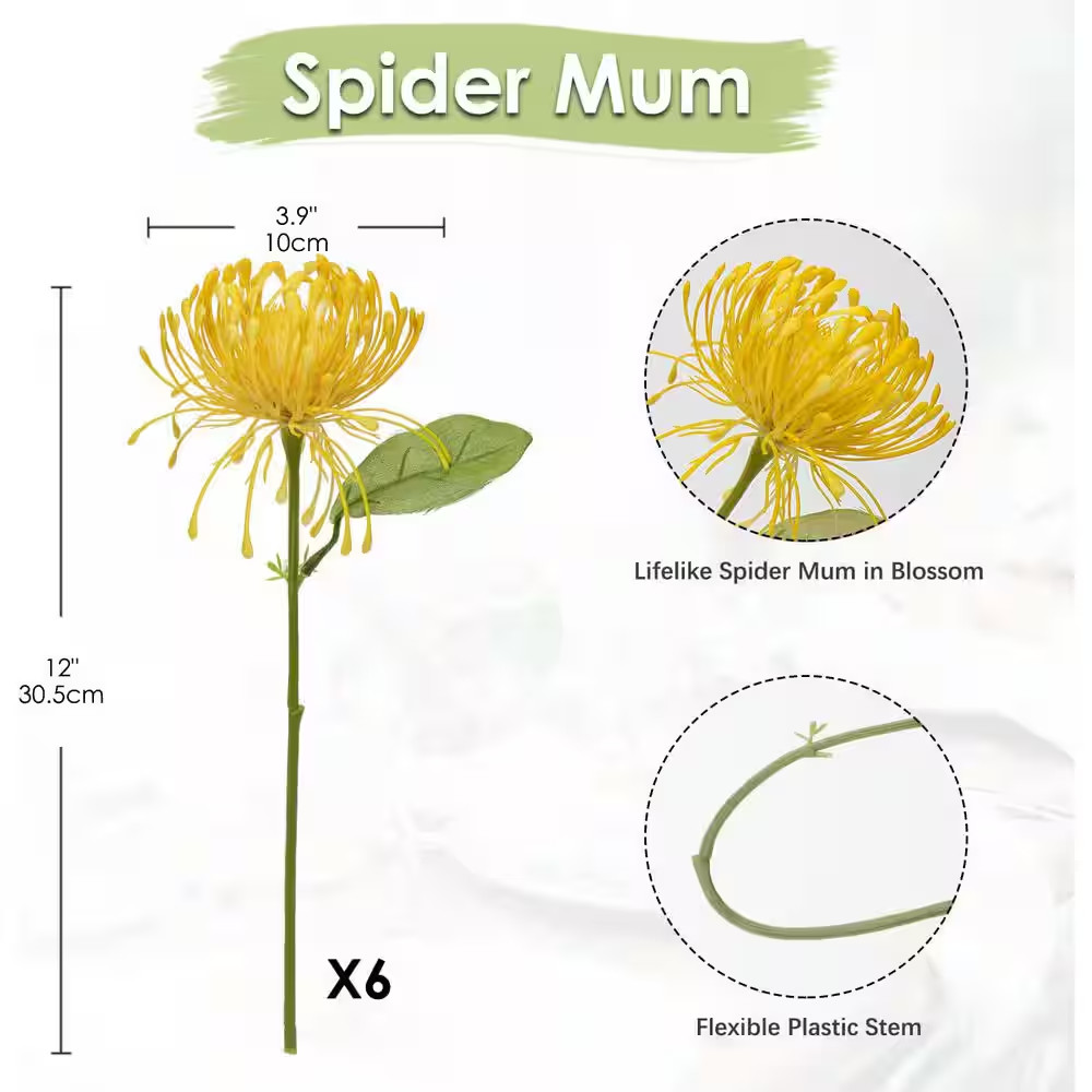12 In. Artificial Yellow Indoor/Outdoor Chrysanthemum 6-Pieces Faux Flower Bouqu