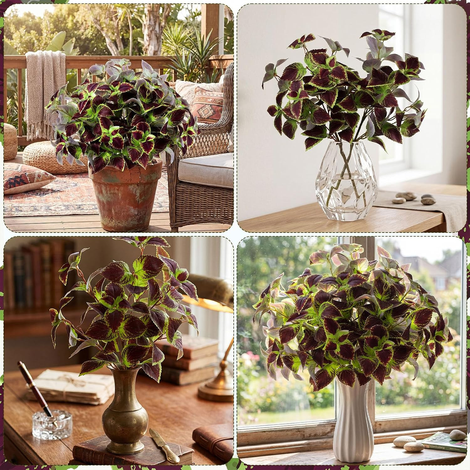 6 Pcs Realistic Faux Purple Coleus Bush for Indoor/Outdoor Decor