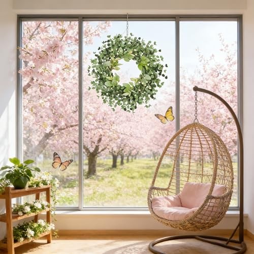 22-inch Spring Wreath Artificial Green Eucalyptus Leaves Wreath with White