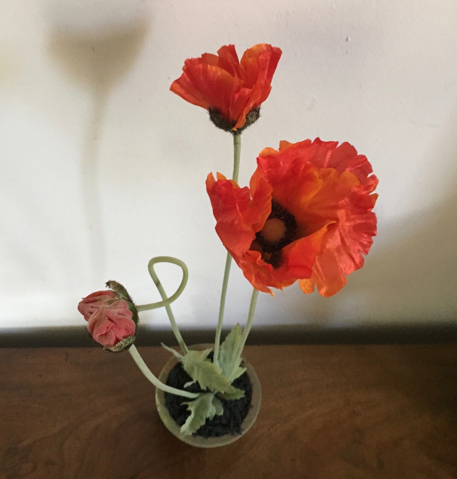 Vintage Fabric Flower or Artificial Plant in Terra Cotta Pot Red Poppy