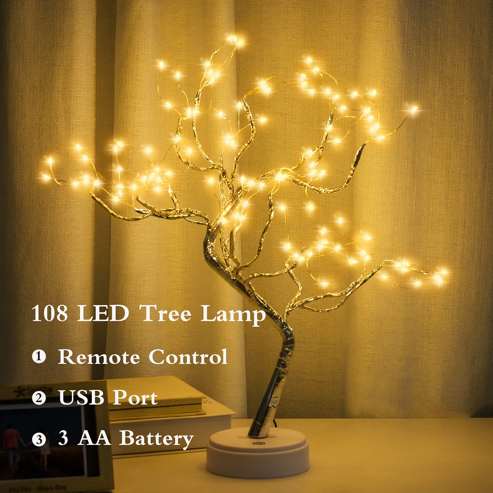 LED Sparkly Fairy Tree Lamp with Remote Control USB/Battery Powered Warm White
