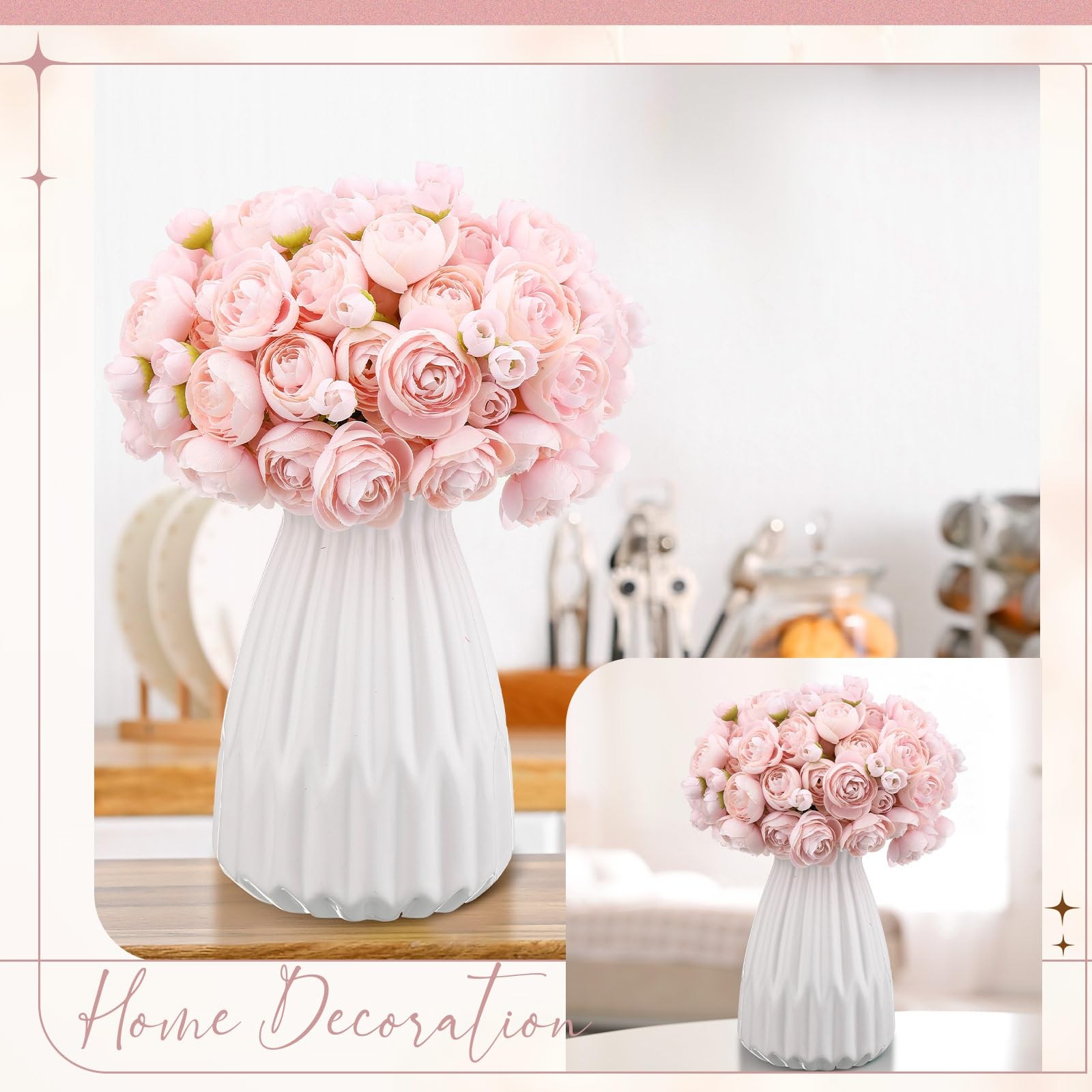 48 PCS Pink Silk Ranunculus Artificial Flowers Fake Peonies Wedding Decor