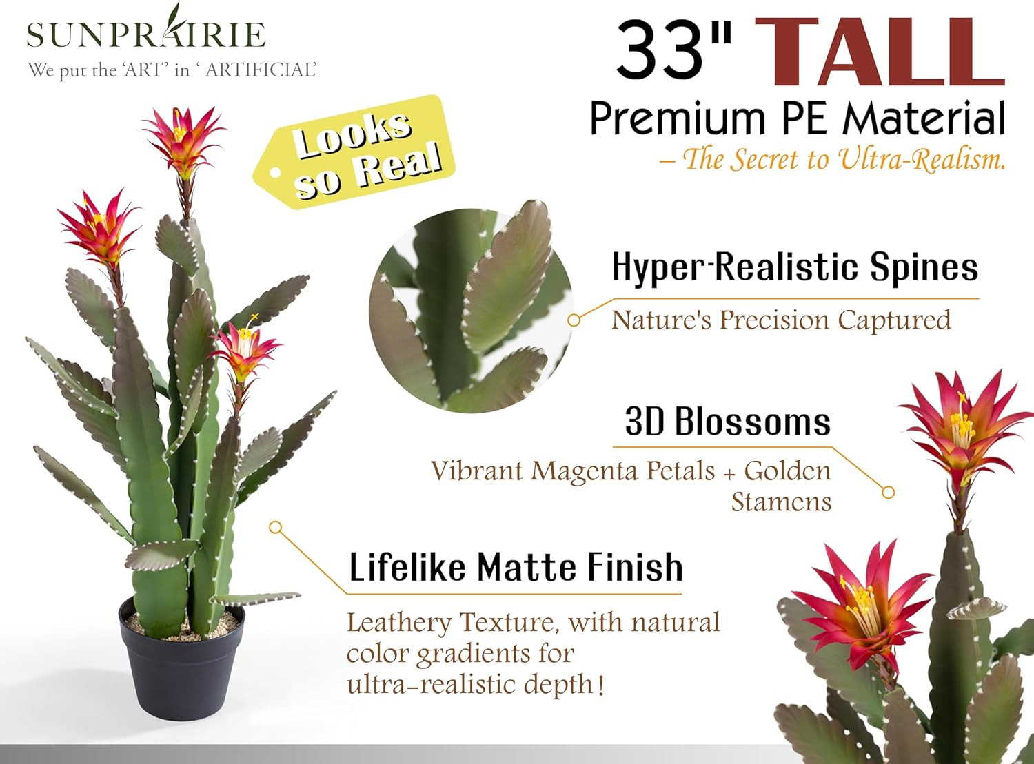 33 Inch Large Artificial Cactus with Magenta Flowers in Pot with Natural Gravel.