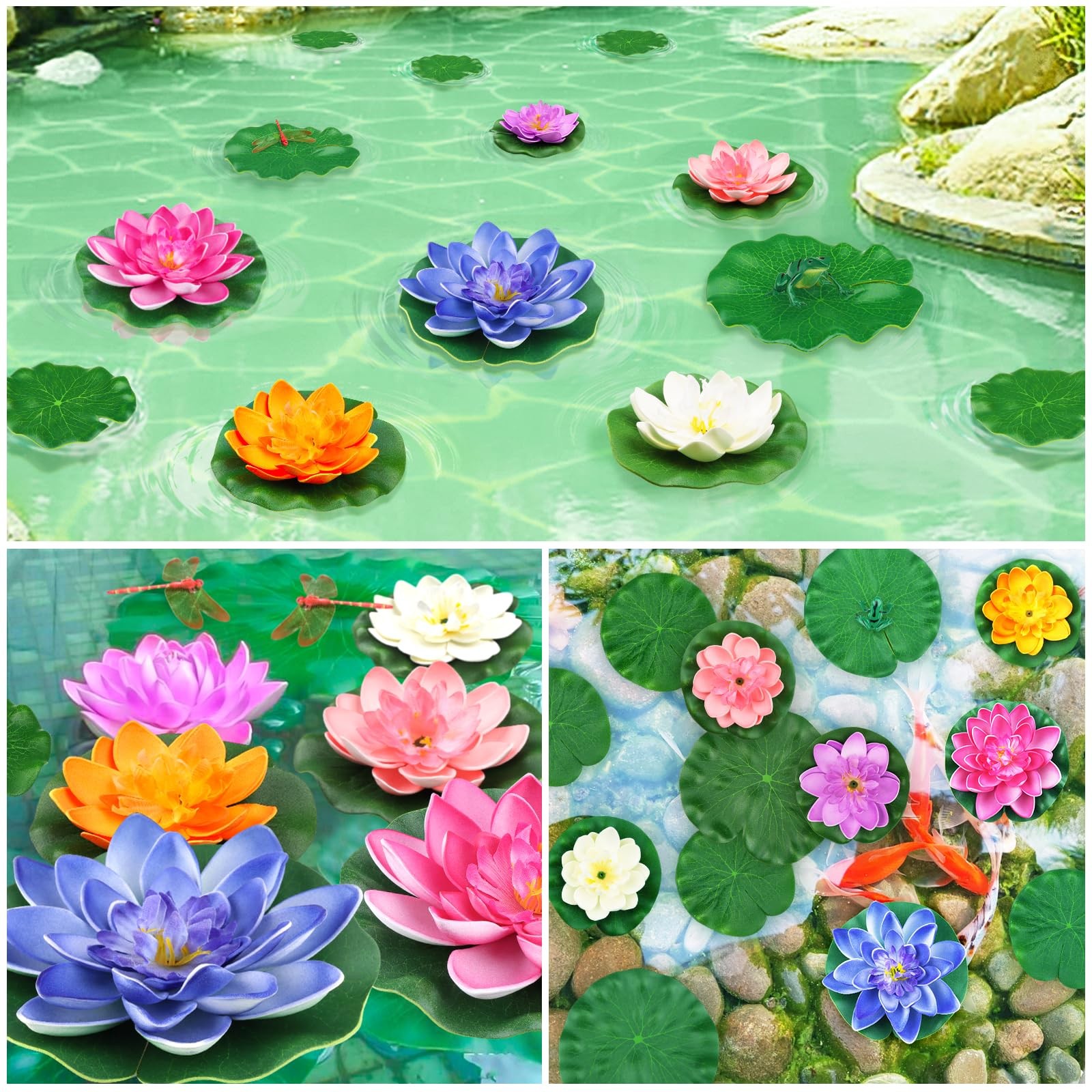 22 Pack Artificial Floating Foam Lotus Flowers with Artificial Frog Lotus Lea…