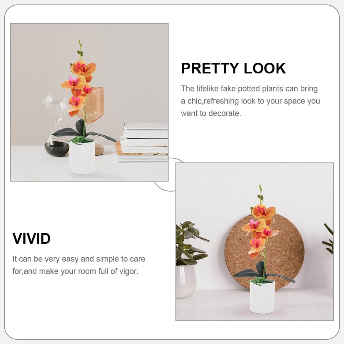 2Pcs Artificial Potted Orchid Bonsai Fake Orchid Plant Model Orange Color Fau…