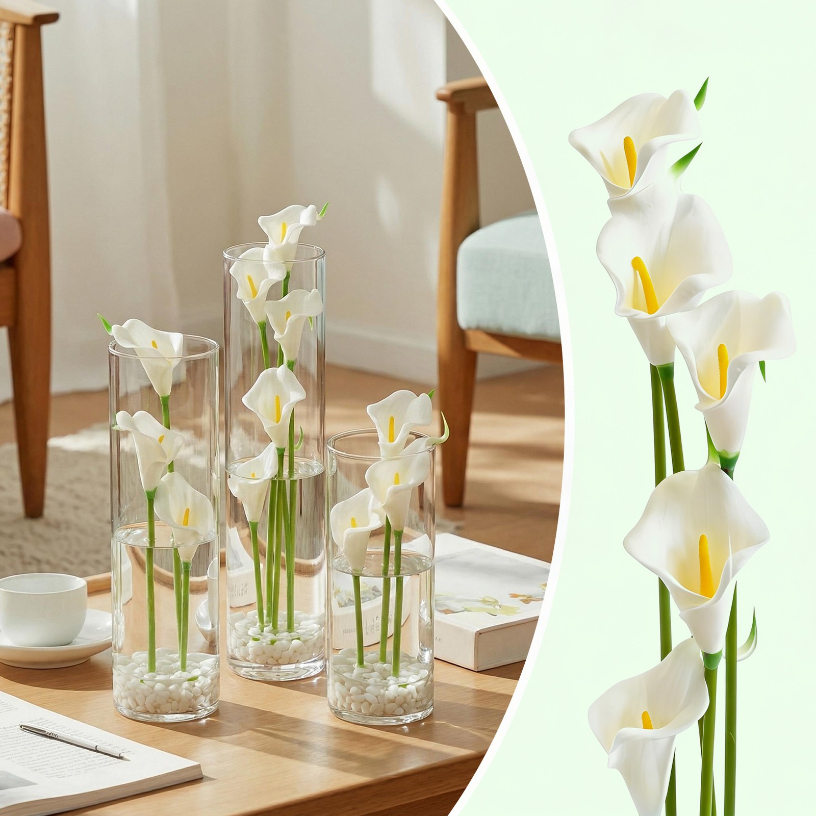 White Calla Lily Centerpiece Set of 3, Acrylic Cylinder Vases with Faux Flowers