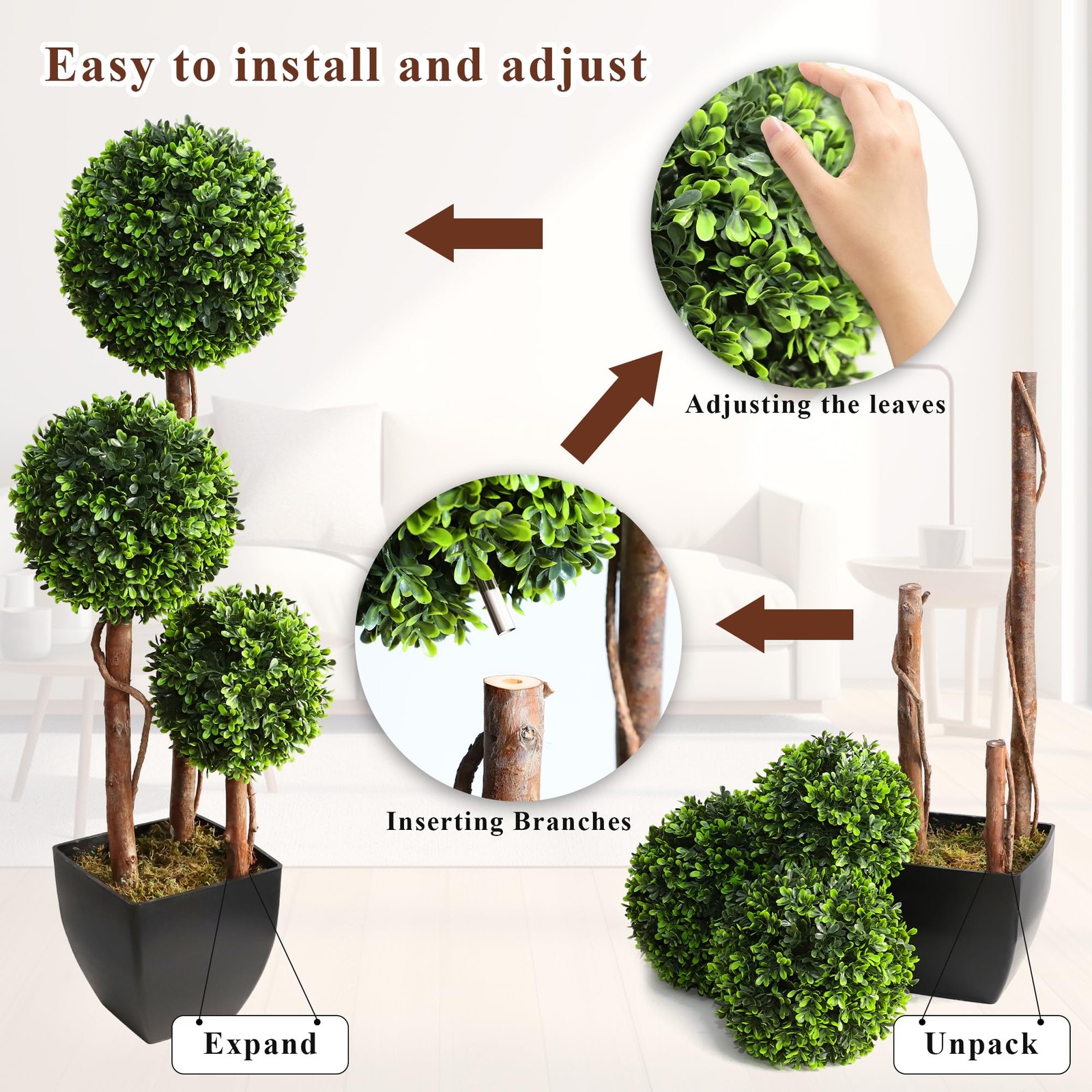 Outdoor Artificial Boxwood Topiaries Trees, 3ft Fake Topiary Triple Boxwood T…