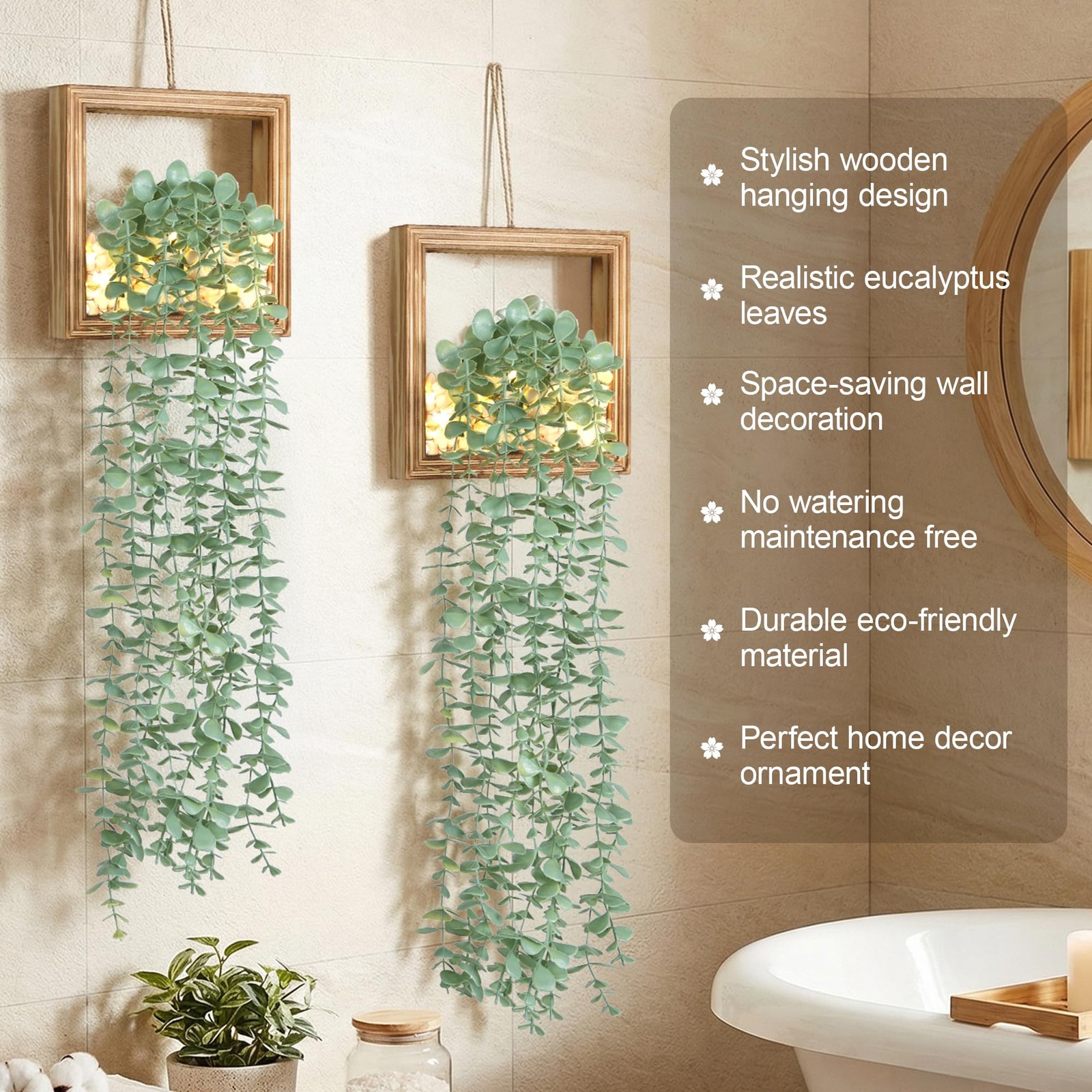 2 Pack Fake Plants Hanging, Artificial Eucalyptus Vines in Square Wooden Fram…