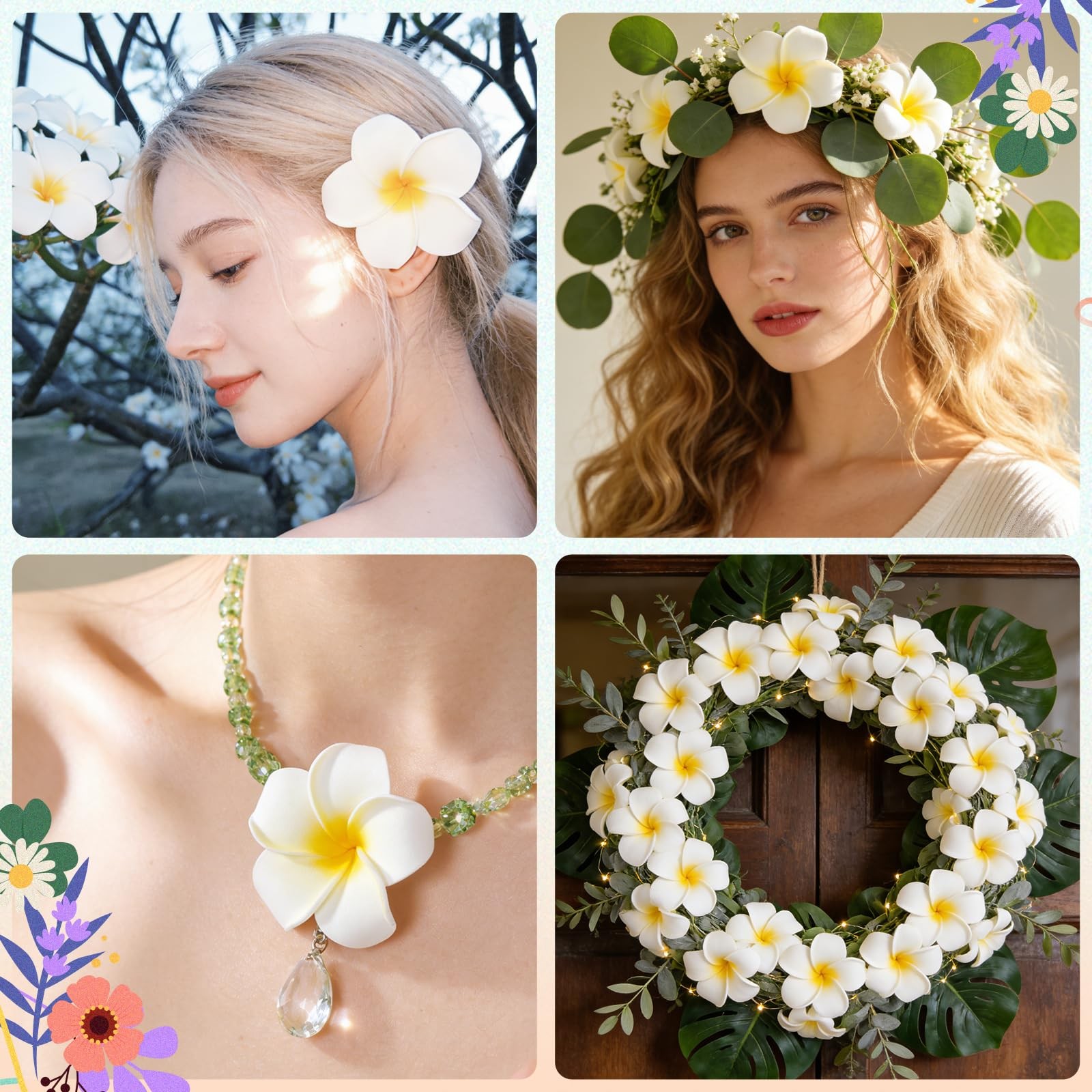 48Pcs Artificial Plumeria Flowers, White Foam Frangipani Flowers Head Fake Ha…
