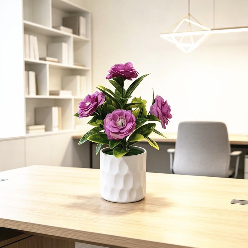 Silk Plant with 5 Realistic Blooms in White Pot for Office Desk Use
