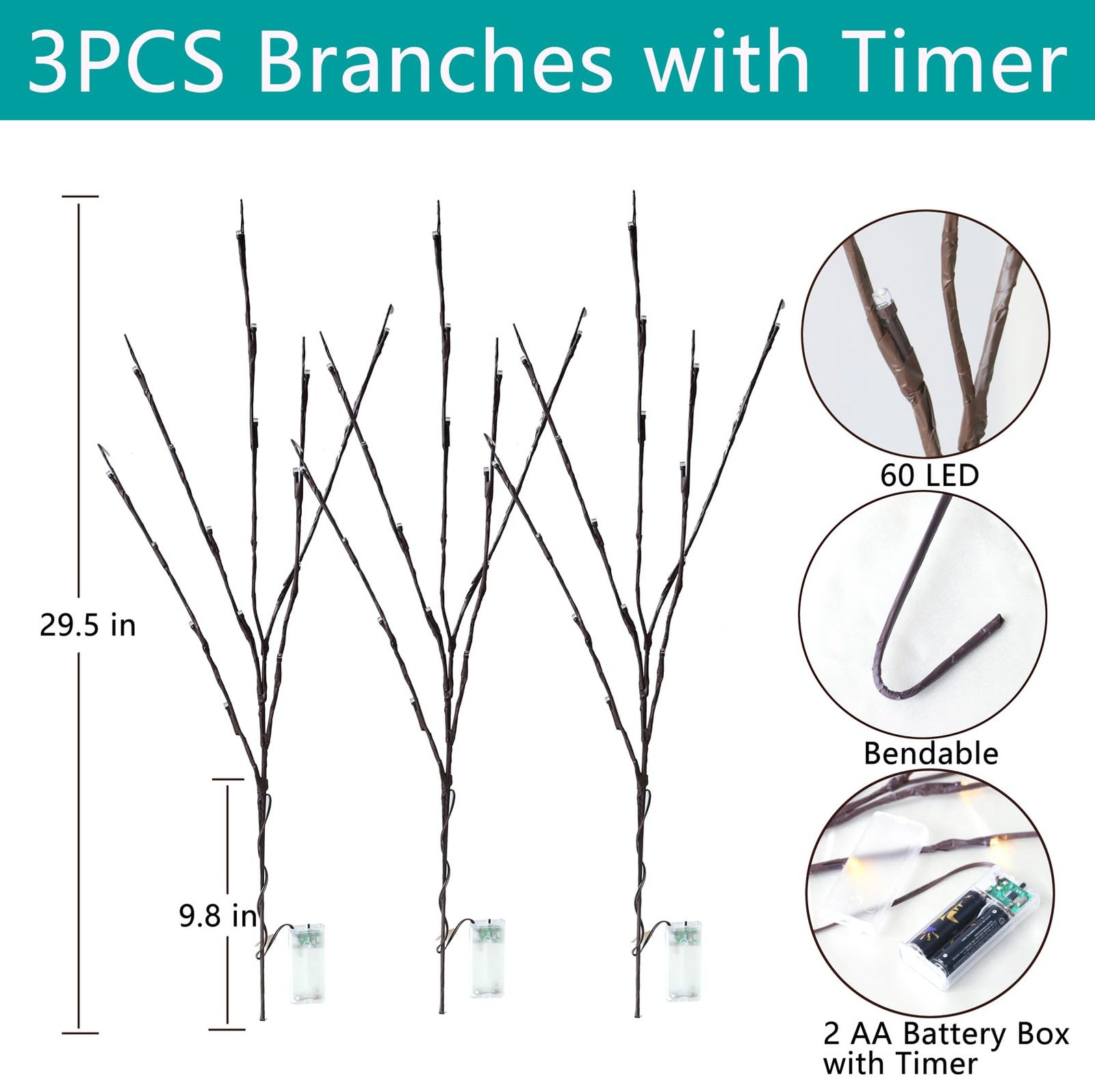 3PCS LED Lighted Branches Lights with Timer Battery Operated, 30 INCH Artific…