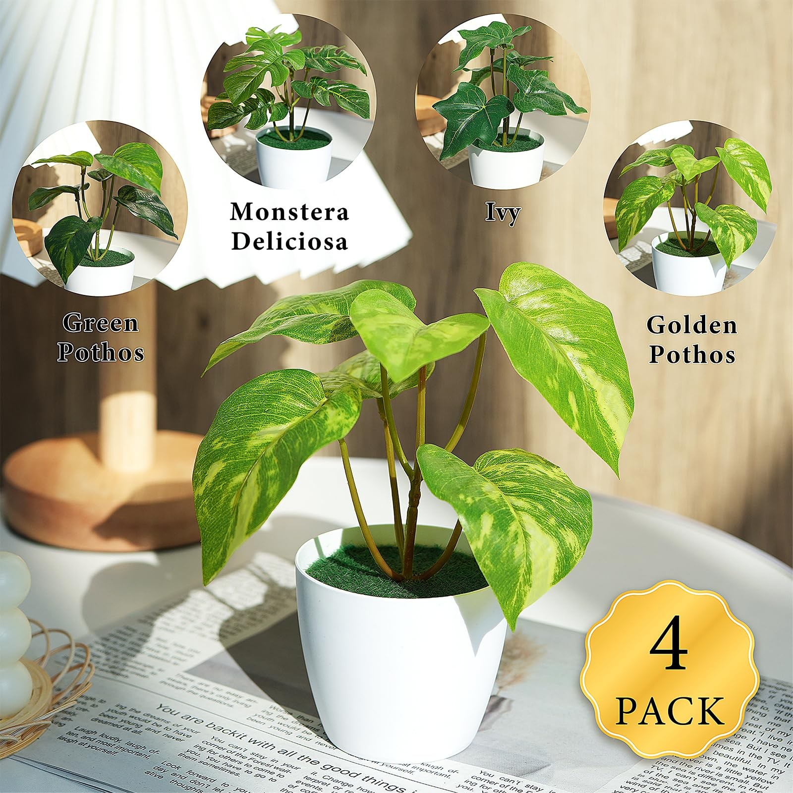 4 PCS Mini Artificial Potted Plants, Fake Greenery Indoor Decor for Home Kitchen