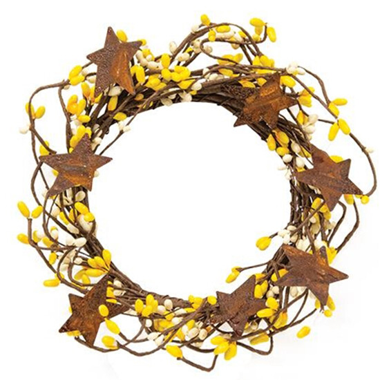 Pip Berry in Yellow & Cream w/ Rusty Tin Stars Candle Ring / Wreath 4″ Diameter